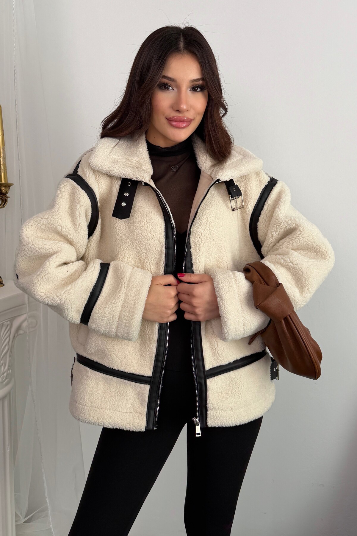 Moda Armanc Kadın Deri Detaylı Oversize Peluş Mont - Premium Tasarım Biker Te