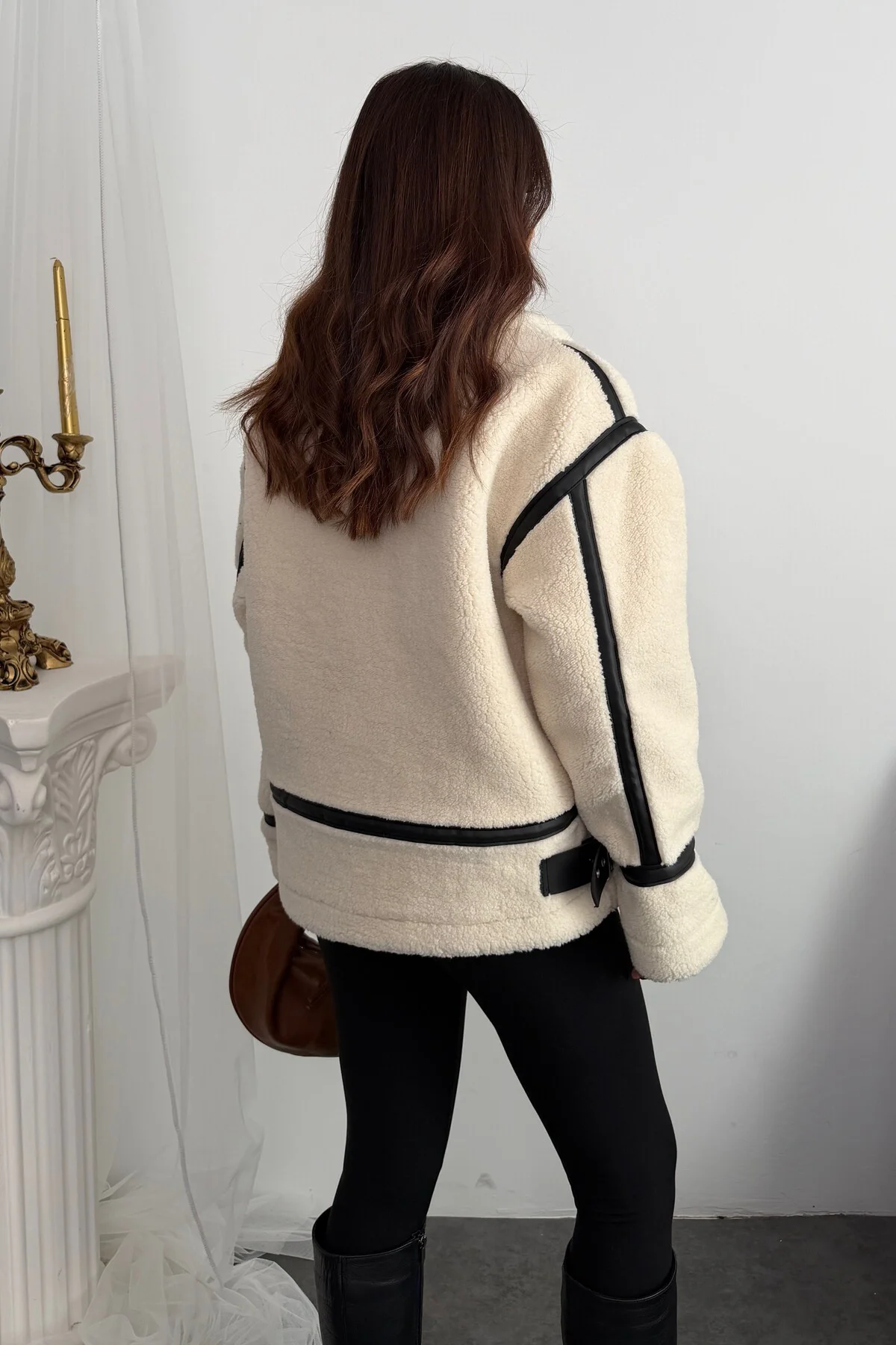 Kadın Deri Detaylı Oversize Peluş Mont - Premium Tasarım Biker Te