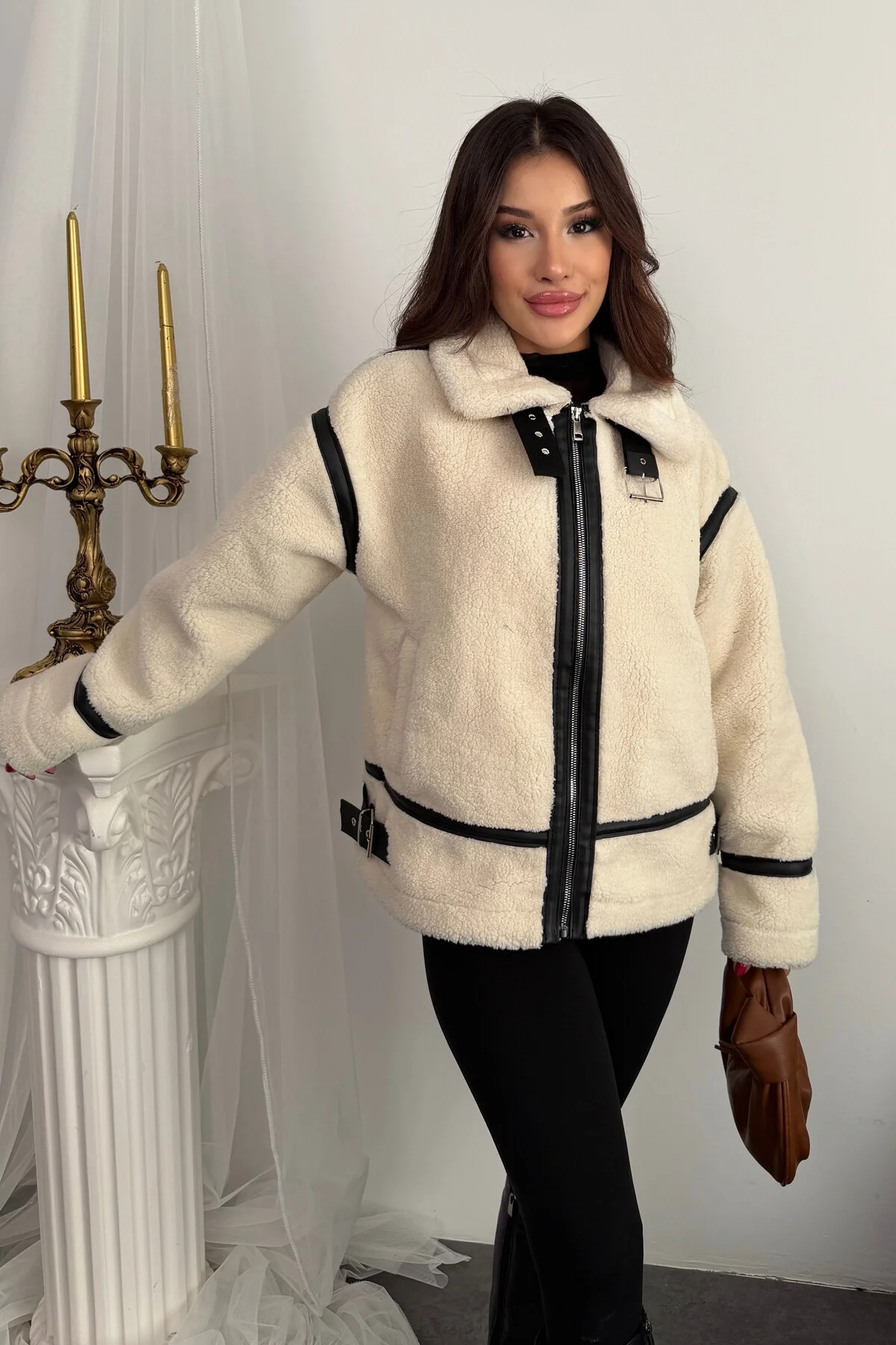 Kadın Deri Detaylı Oversize Peluş Mont - Premium Tasarım Biker Te