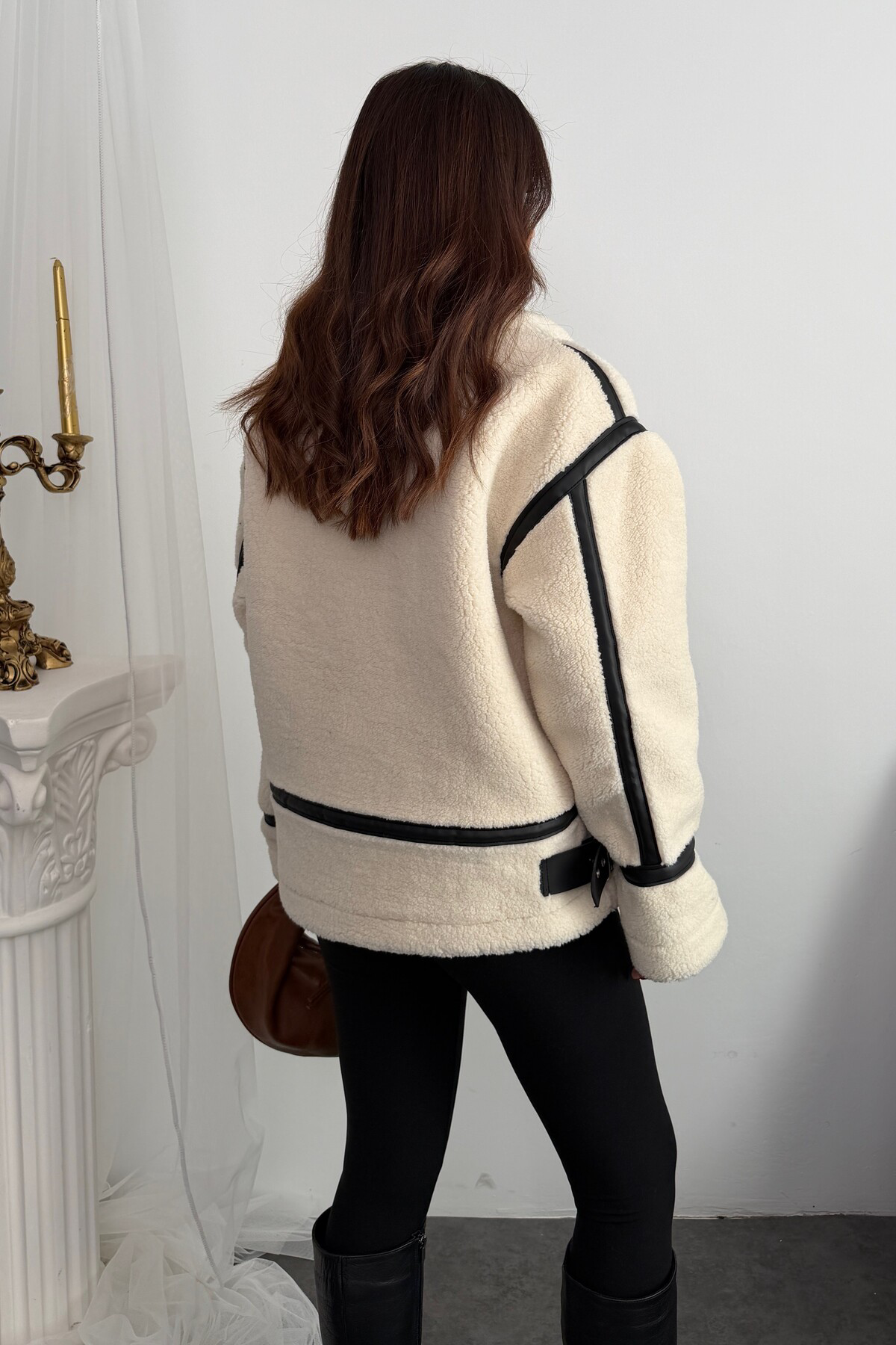 Moda Armanc Kadın Deri Detaylı Oversize Peluş Mont - Premium Tasarım Biker Te