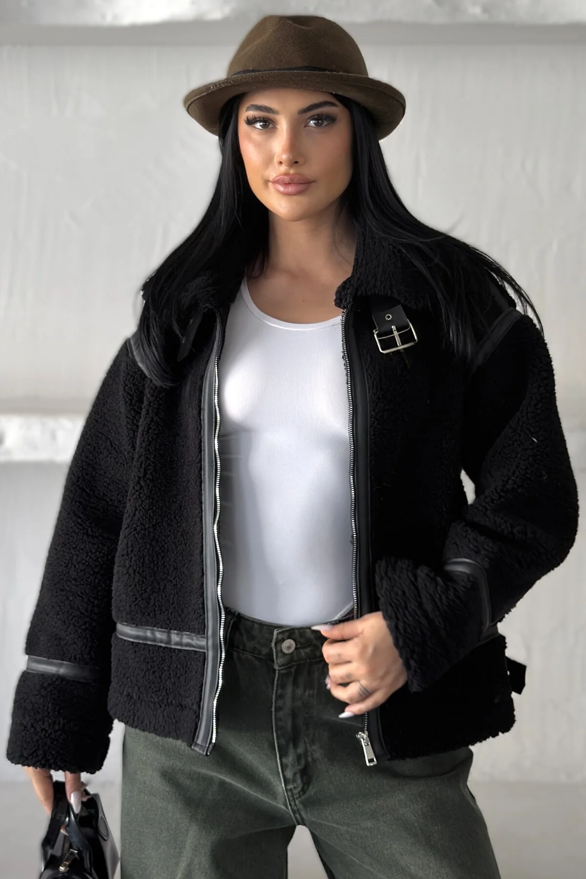 Kadın Deri Şeritli Dik Yaka Peluş Ceket - Oversize Teddy Biker Mont Fiyatı, Yorumları ve Özellikleri