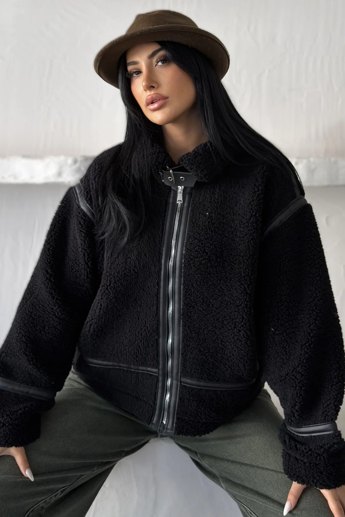 Kadın Deri Şeritli Dik Yaka Peluş Ceket - Oversize Teddy Biker Mont Fiyatı, Yorumları ve Özellikleri