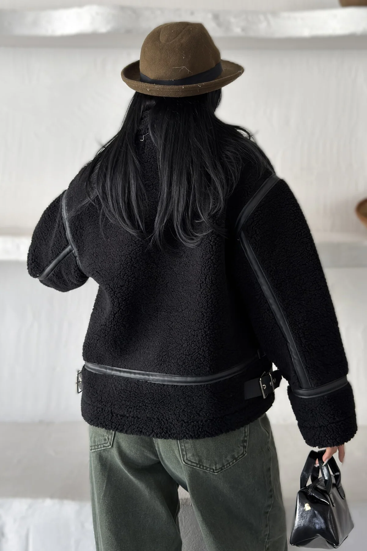 Kadın Deri Şeritli Dik Yaka Peluş Ceket - Oversize Teddy Biker Mont Fiyatı, Yorumları ve Özellikleri