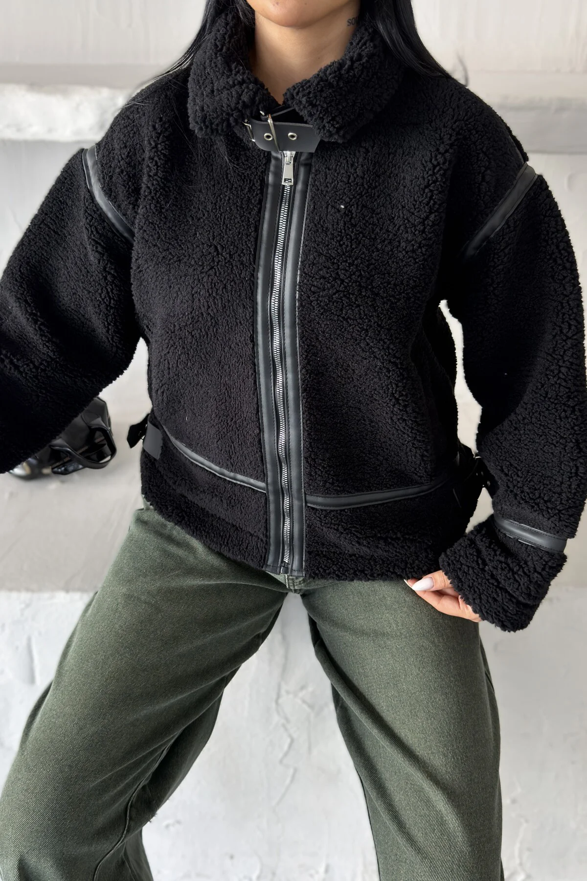 Kadın Deri Şeritli Dik Yaka Peluş Ceket - Oversize Teddy Biker Mont Fiyatı, Yorumları ve Özellikleri