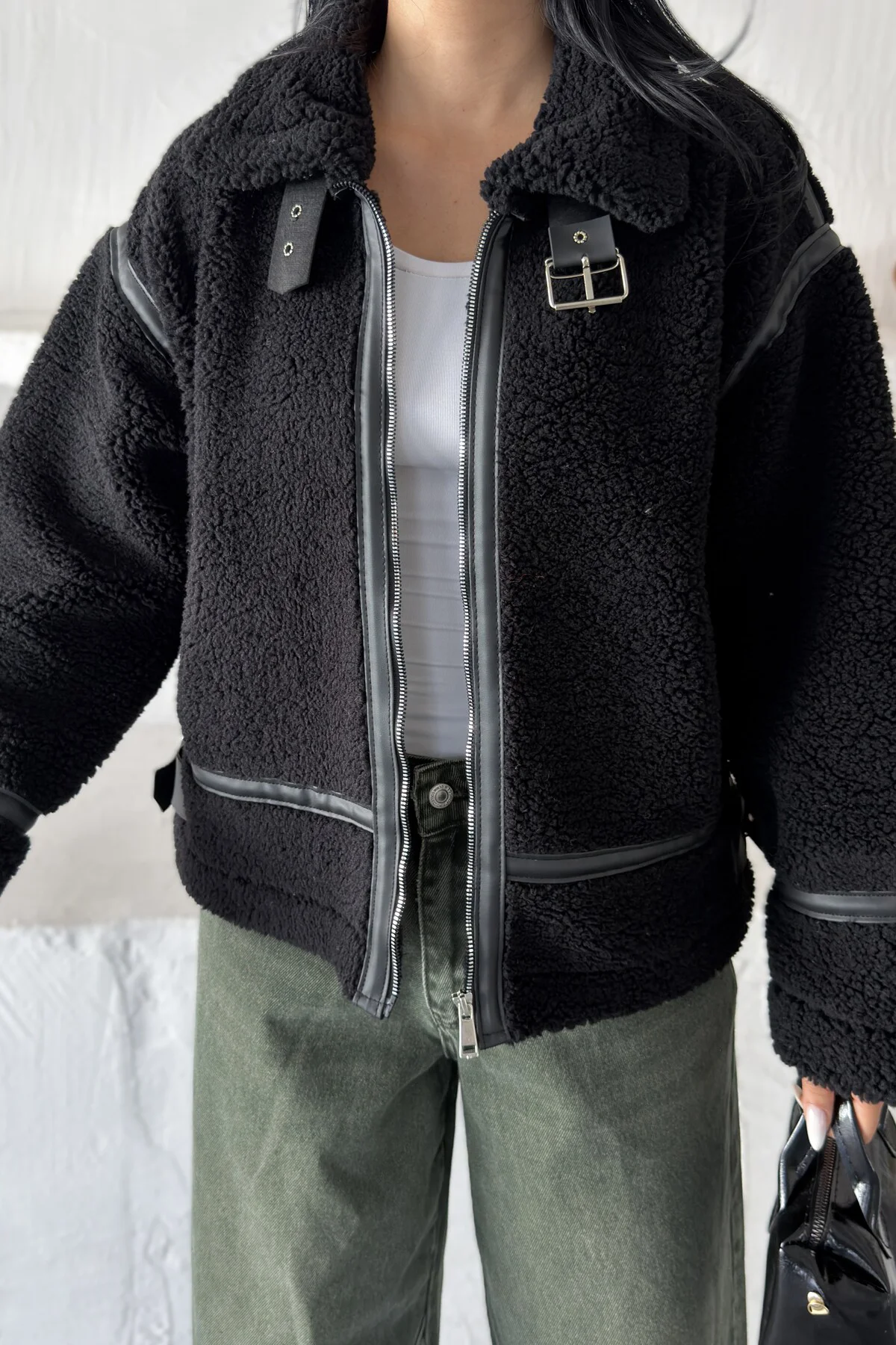 Kadın Deri Şeritli Dik Yaka Peluş Ceket - Oversize Teddy Biker Mont Fiyatı, Yorumları ve Özellikleri