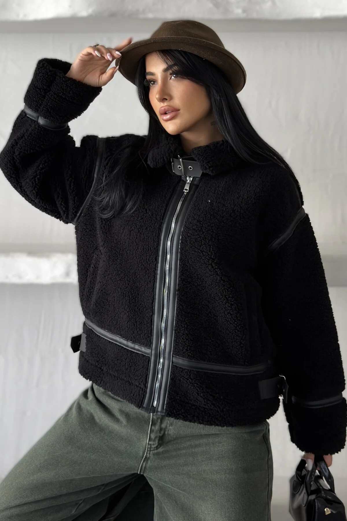 Kadın Deri Şeritli Dik Yaka Peluş Ceket - Oversize Teddy Biker Mont Fiyatı, Yorumları ve Özellikleri