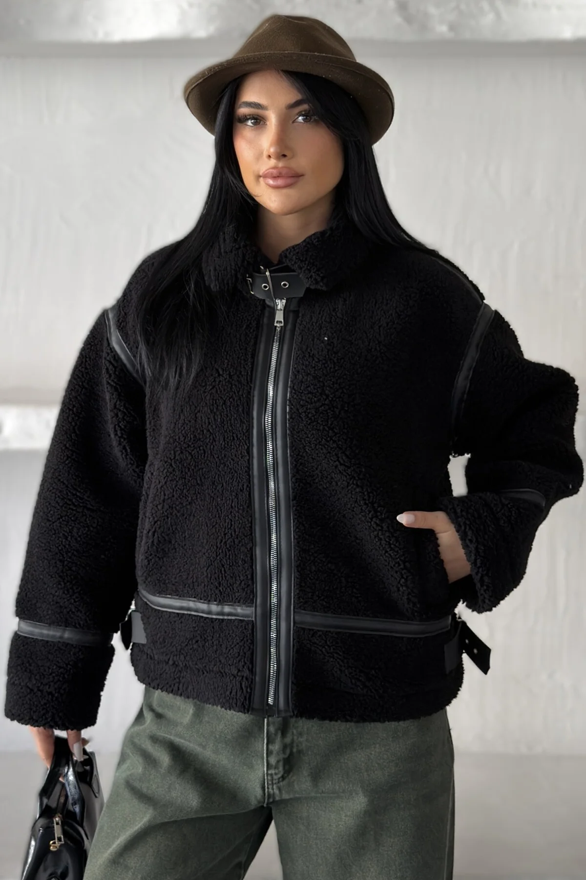 Kadın Deri Şeritli Dik Yaka Peluş Ceket - Oversize Teddy Biker Mont Fiyatı, Yorumları ve Özellikleri