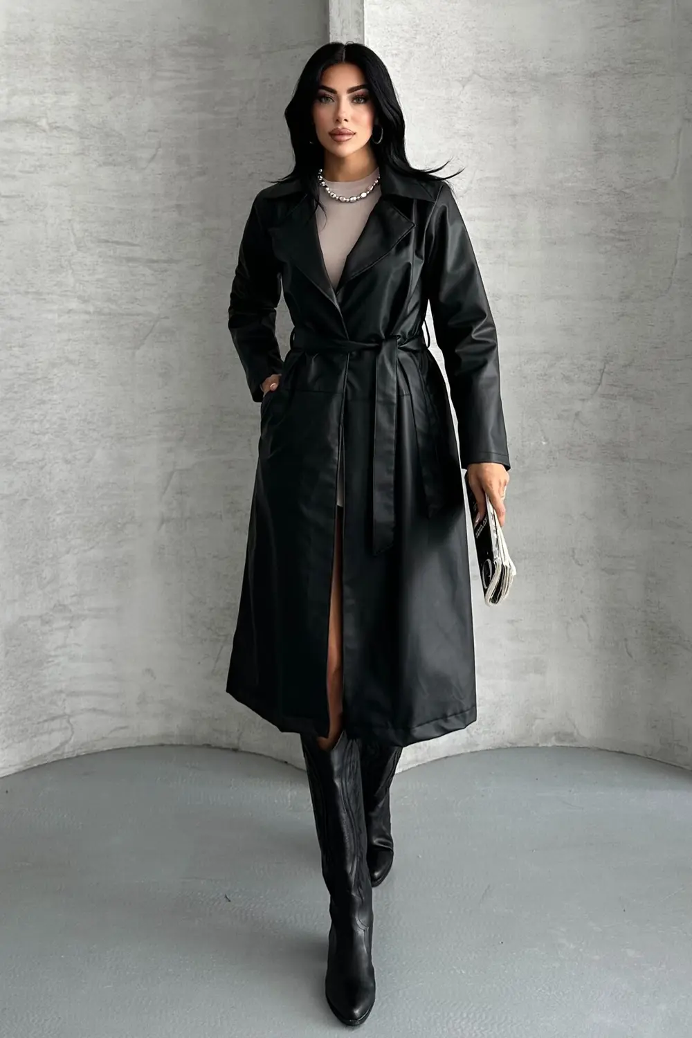 Moda Armanc Kadın Deri Trençkot - Uzun Kuşaklı Şık Mevsimlik