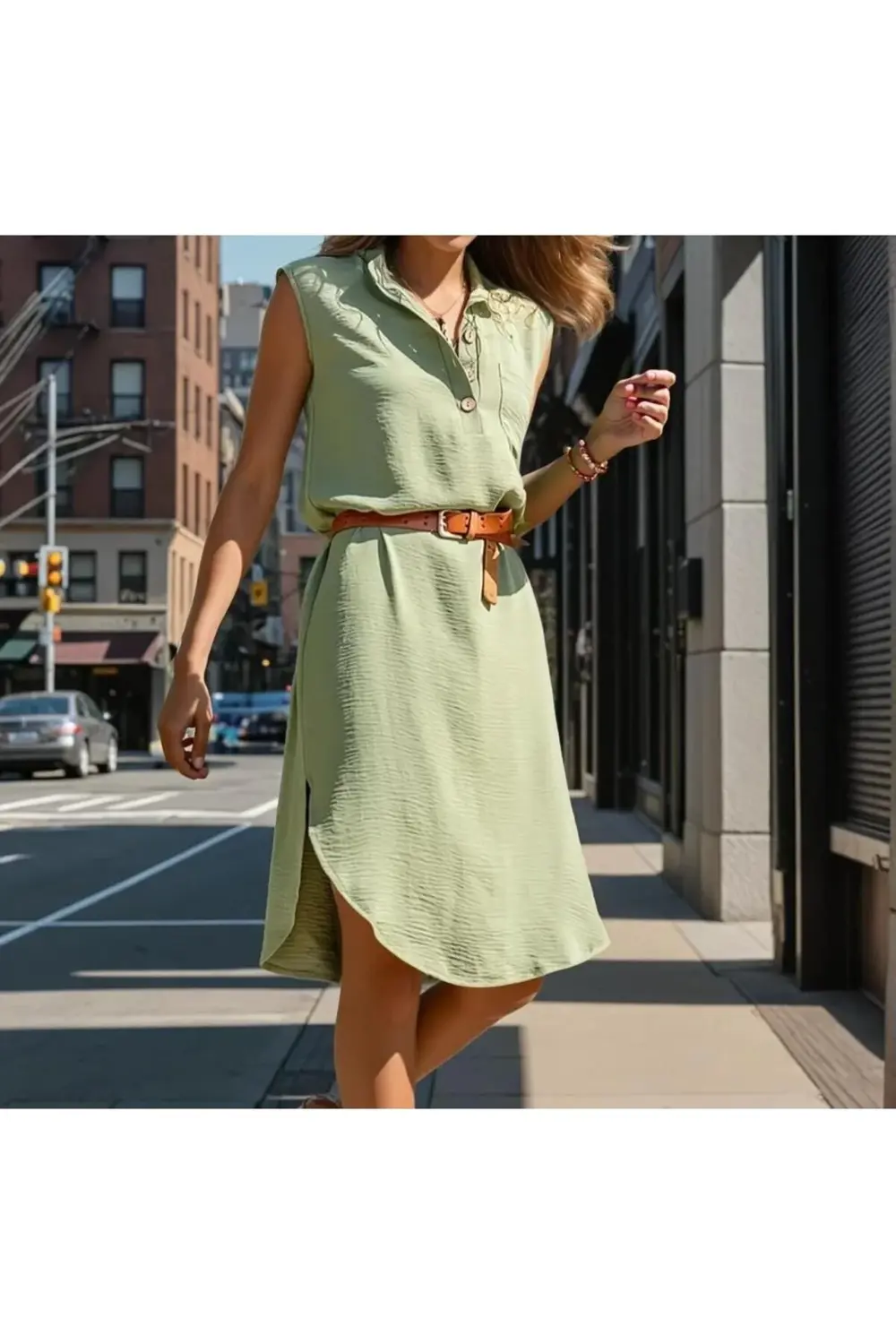 Kadın Derin Yırtmaçlı Dik Yaka Düğmeli Giy - Çık Günlük Yazlık El