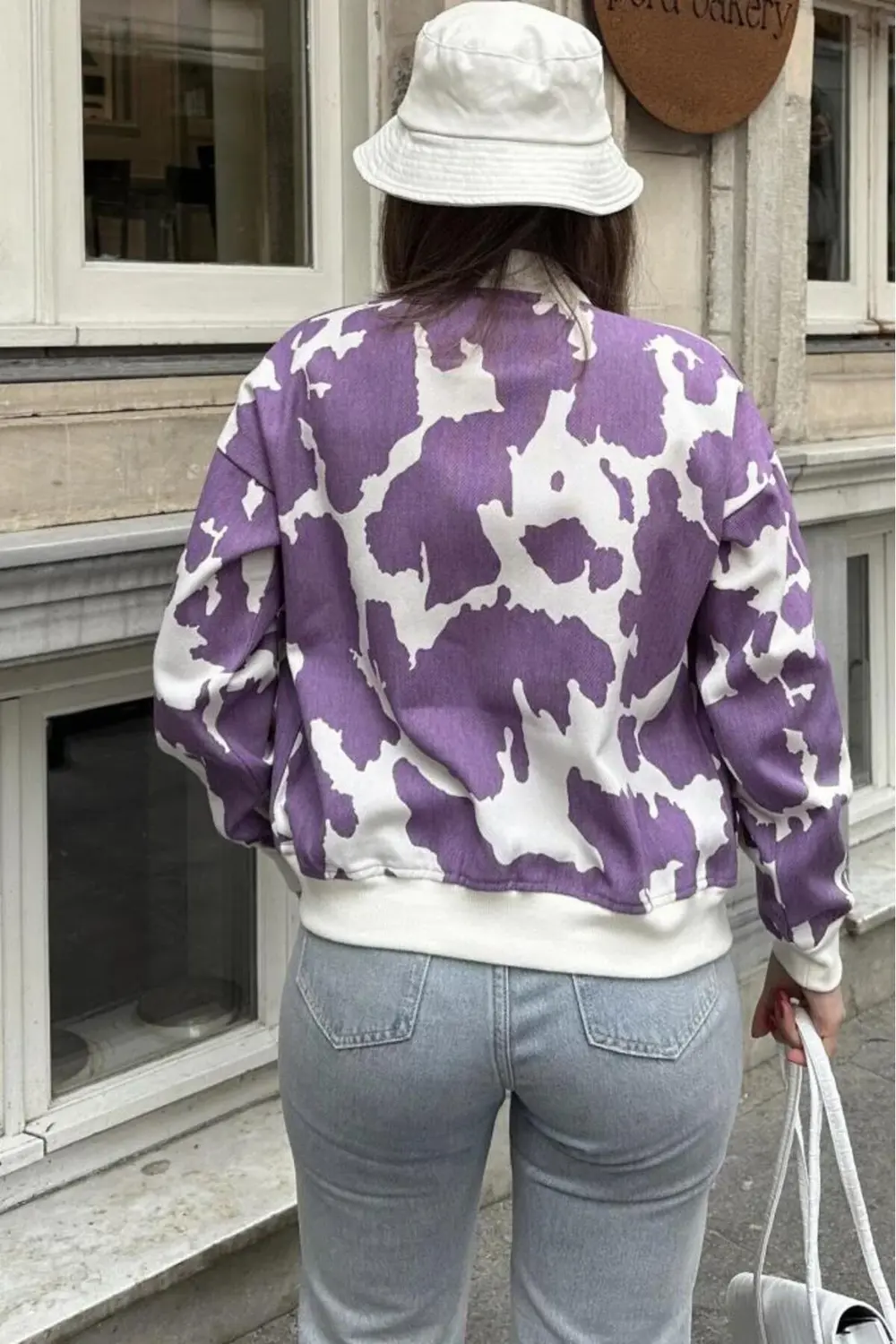 Kadın Desenli Gabardin Kumaş Bomber Ceket Mont,Cepli,Tam Kalıp 35