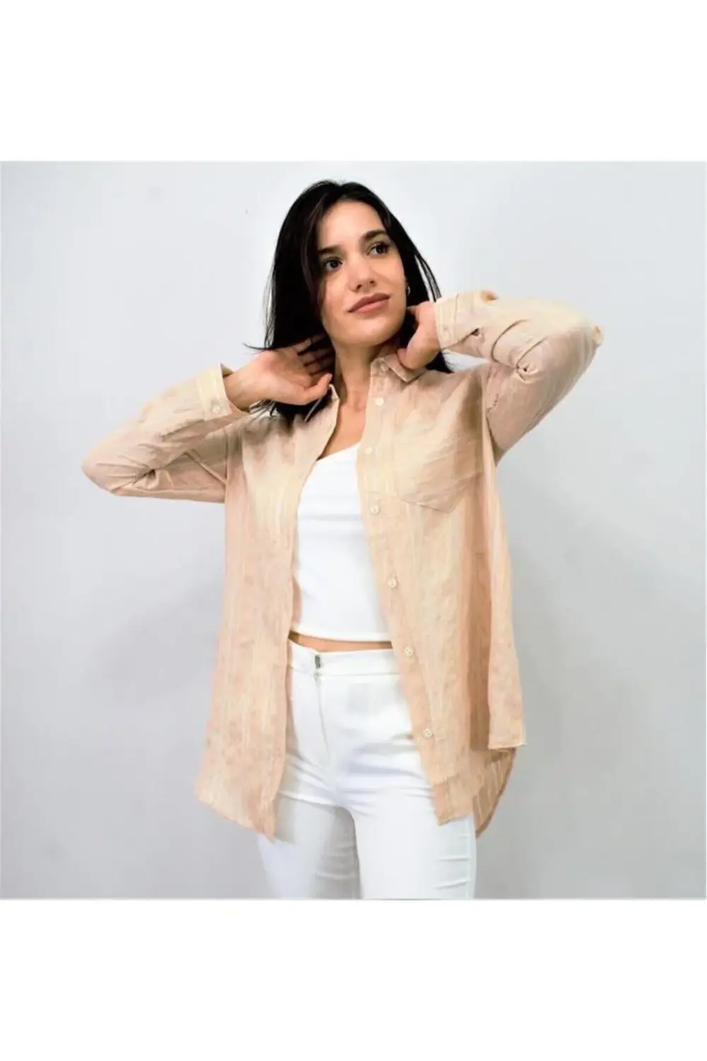 Kadın Dik Çizgili Tek Cep Arkası Uzun Oval Basic Gömlek Yb3266200