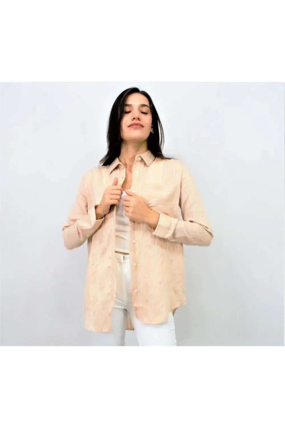 Kadın Dik Çizgili Tek Cep Arkası Uzun Oval Basic Gömlek Yb3266200