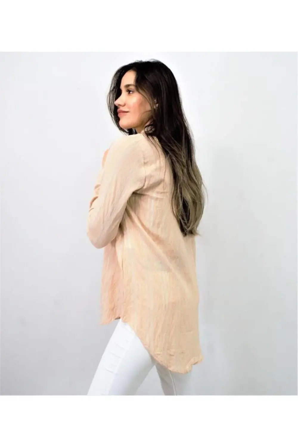 Kadın Dik Çizgili Tek Cep Arkası Uzun Oval Basic Gömlek Yb3266200