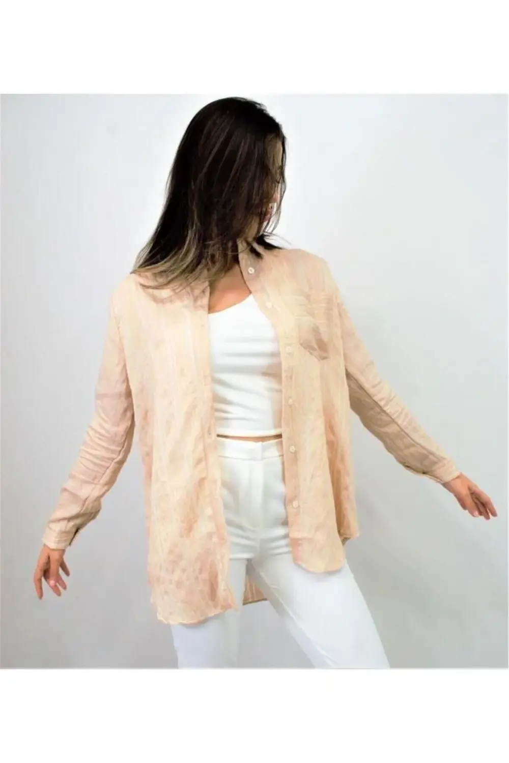 Kadın Dik Çizgili Tek Cep Arkası Uzun Oval Basic Gömlek Yb3266200