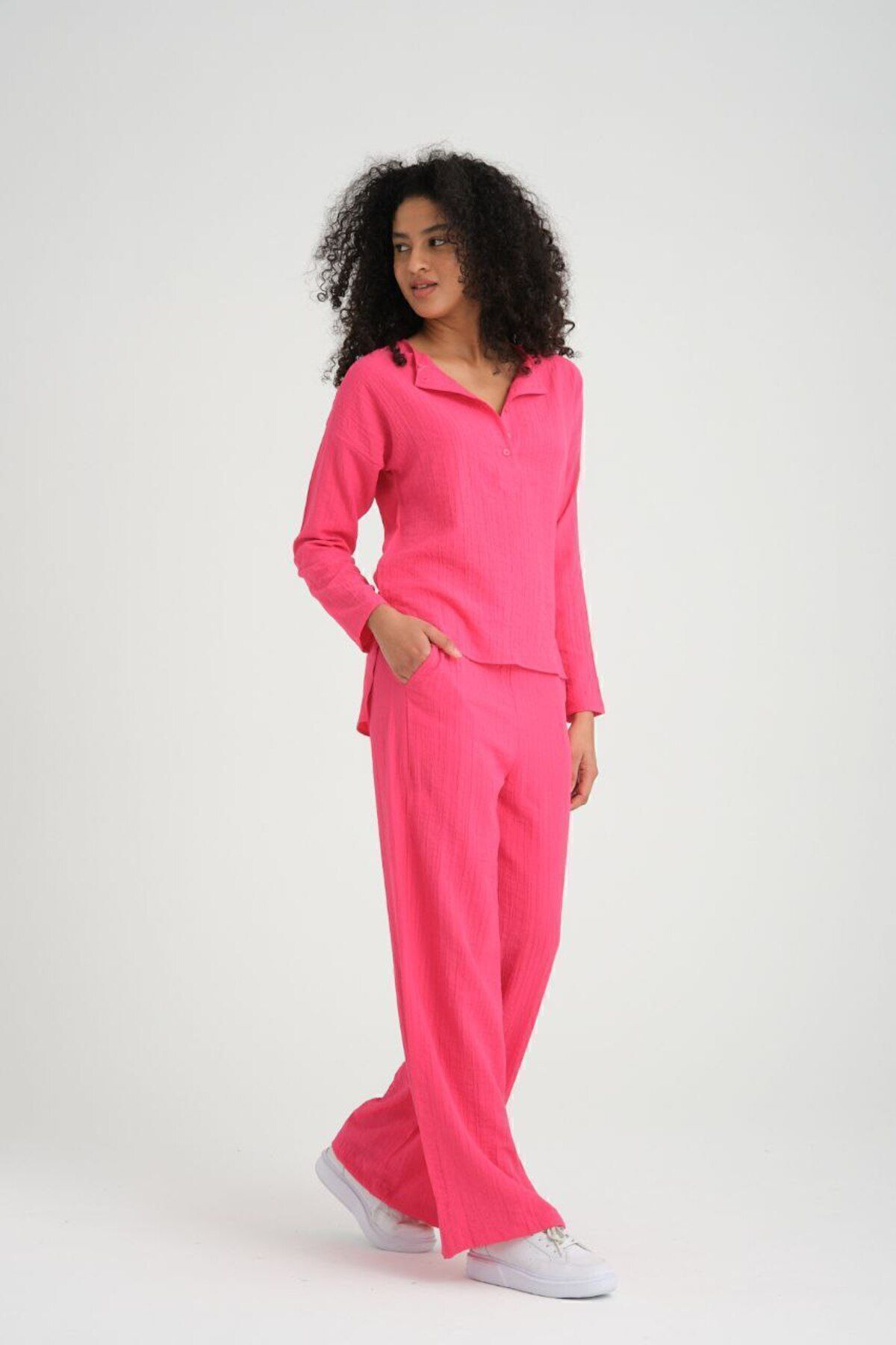 Yıldızistan Kadın Dokulu Maya Kumaş Pembe Bol Kalıp Salaş Pantolon Uzun Kollu