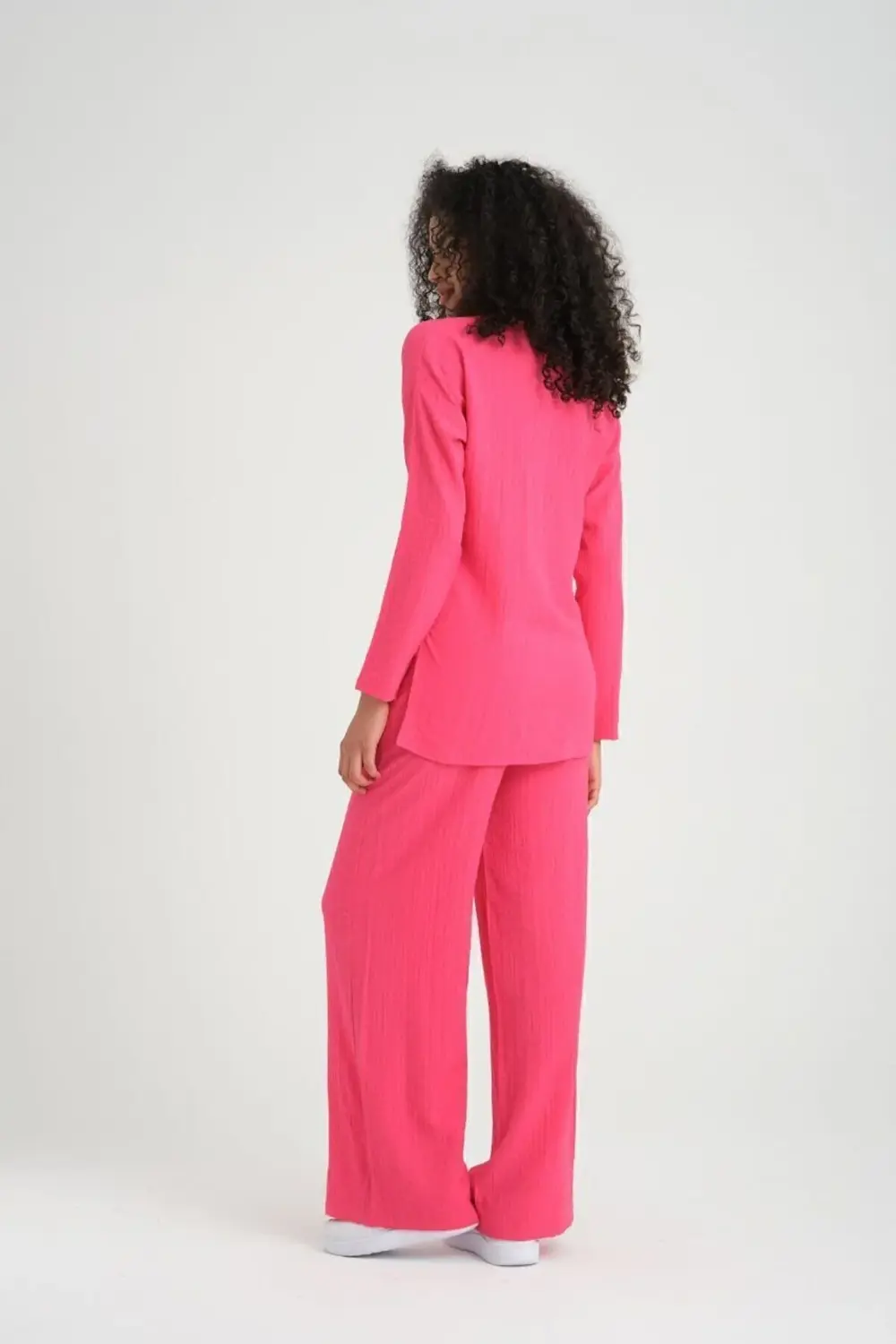 Kadın Dokulu Maya Kumaş Pembe Bol Kalıp Salaş Pantolon Uzun Kollu