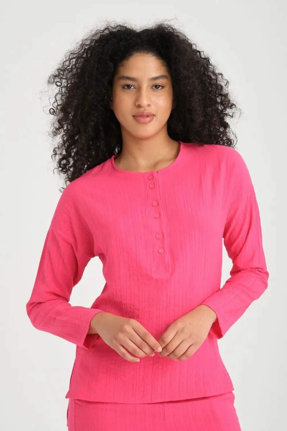 Kadın Dokulu Maya Kumaş Pembe Bol Kalıp Salaş Pantolon Uzun Kollu