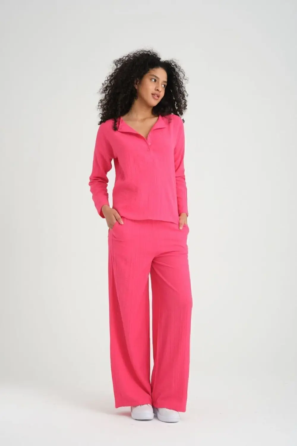 Kadın Dokulu Maya Kumaş Pembe Bol Kalıp Salaş Pantolon Uzun Kollu