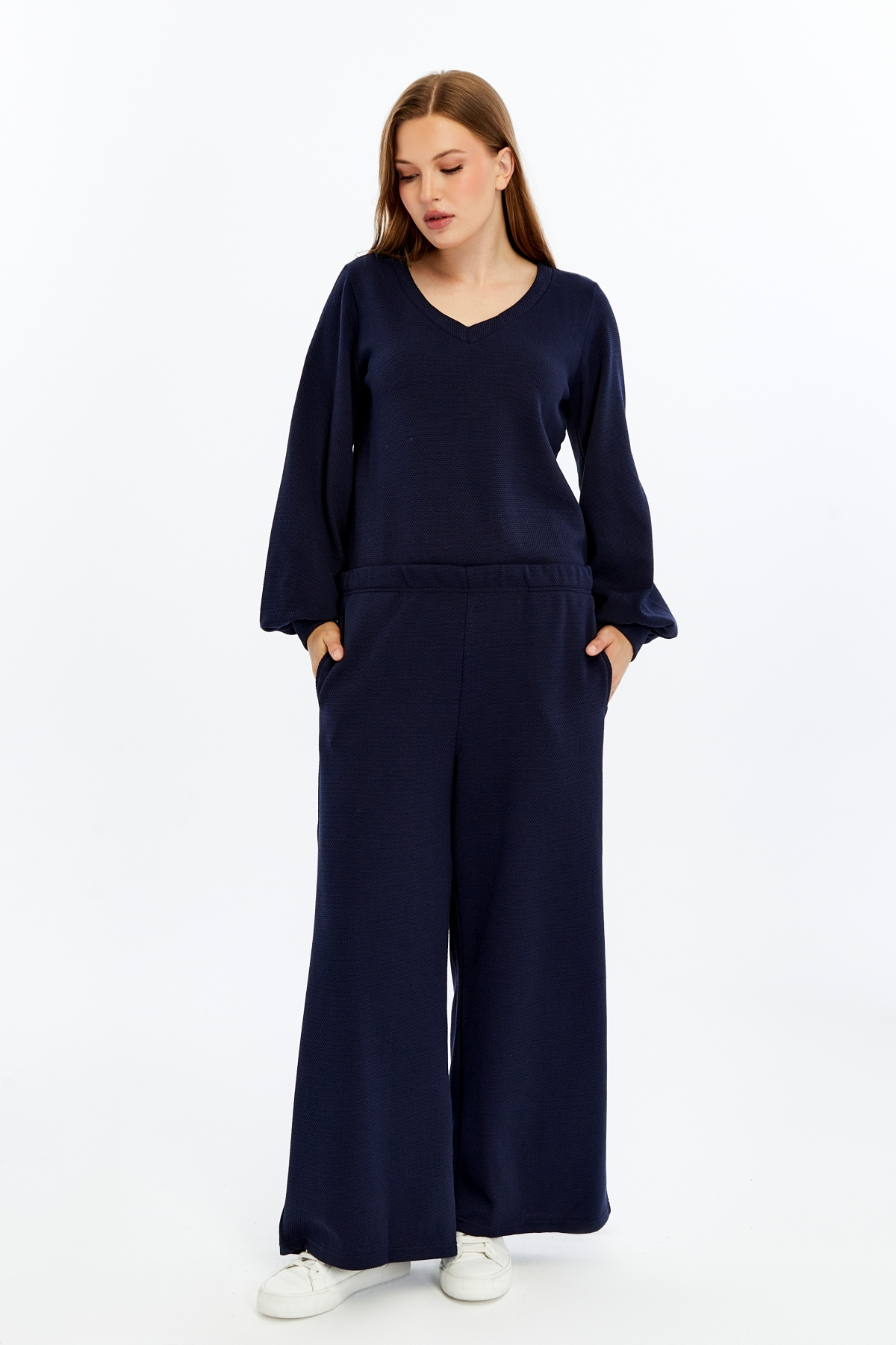 Defys Kadin Bol Paça Cepli Dokulu Regular Fit Pantolon Lacivert