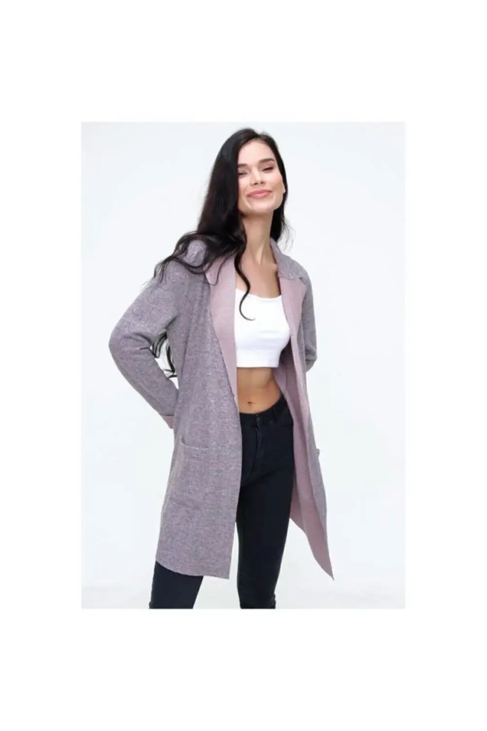 Kadın Dokulu Yumoş Kumaş Uzun Cepli Ceket Hırka 3010270