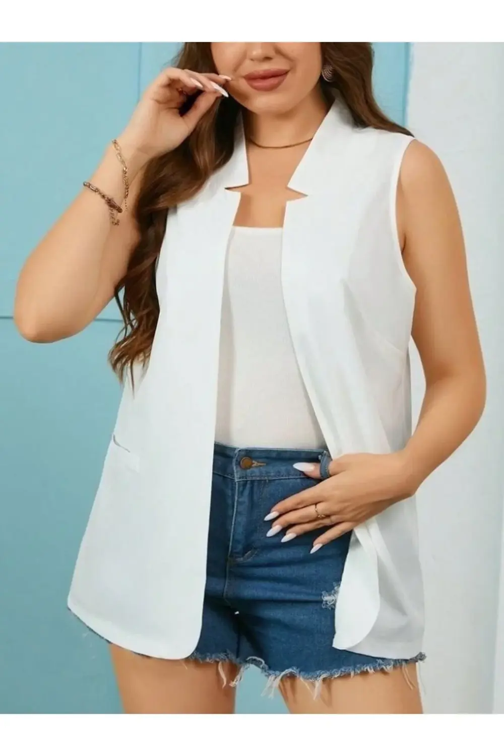 Kadın Duble Yaka Detay Sıfır Kol Ceket Yelek