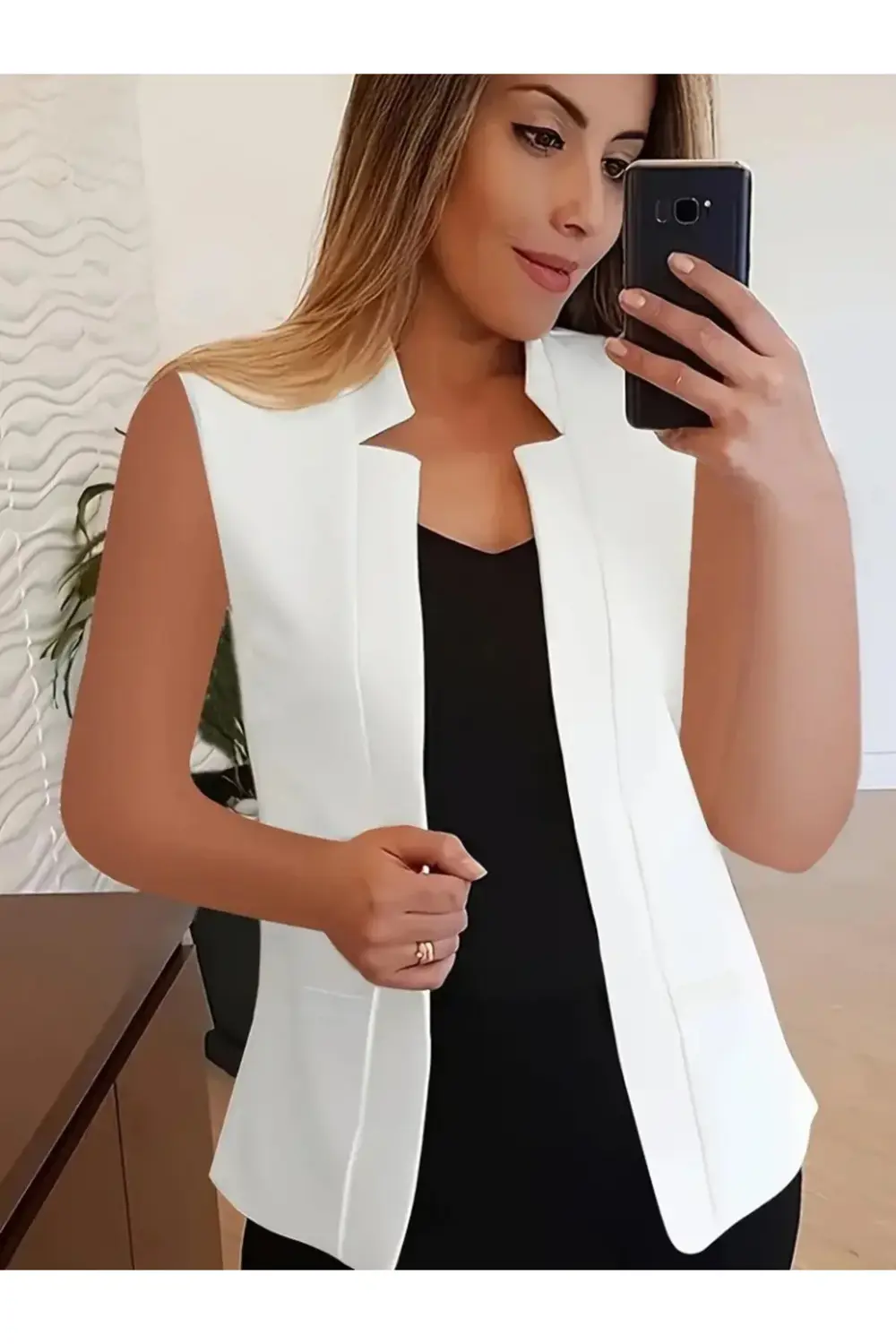 Kadın Duble Yaka Detay Sıfır Kol Ceket Yelek