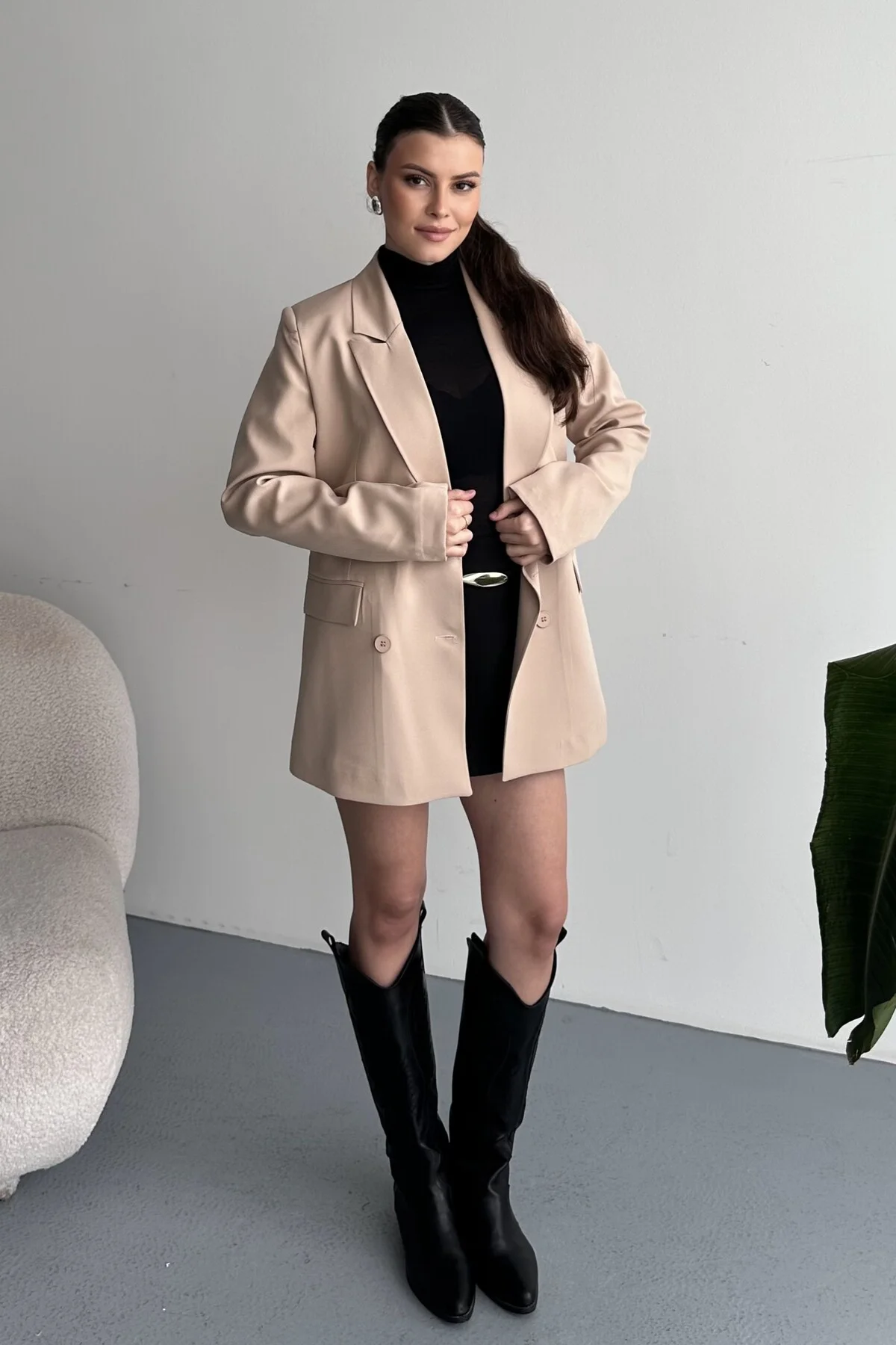 Kadın Düğme Detaylı Oversize Blazer Ceket