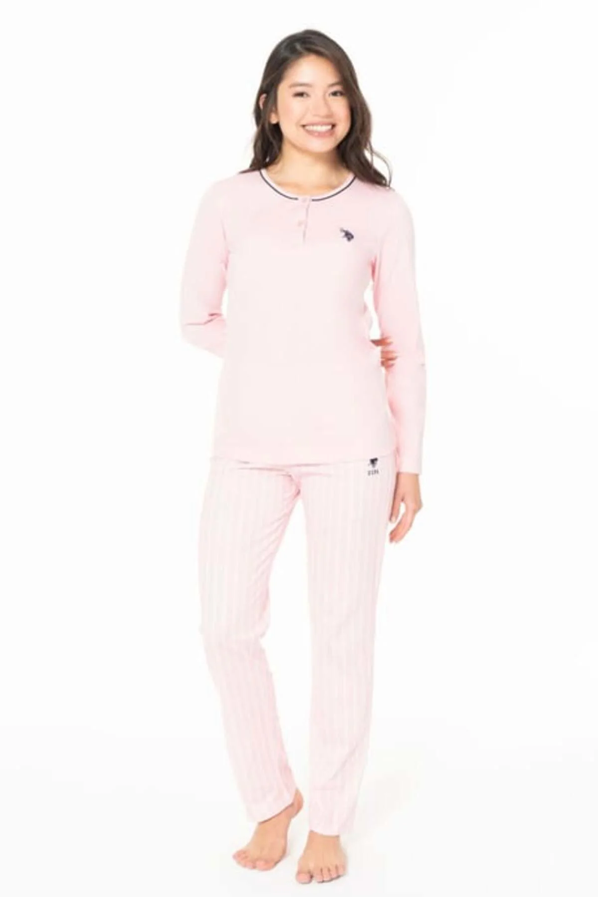Kadın Düğmeli Bisiklet Yaka Uzun Kollu Pijama Takımı S26141 RAHAT KESİM