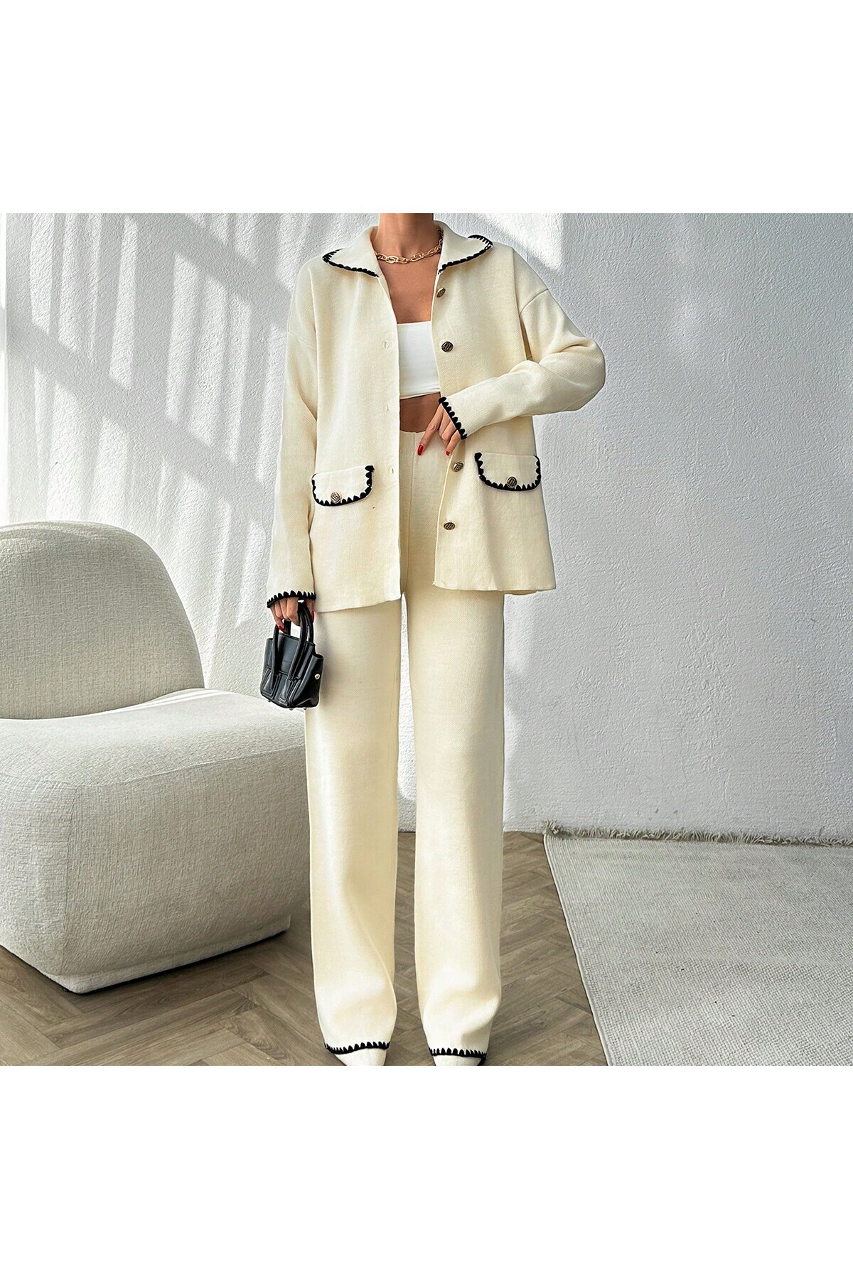 Diğer Markalar Kadın Düğmeli Çeket-Pantolonlu Çoban Dikişli Triko Takım Ekru