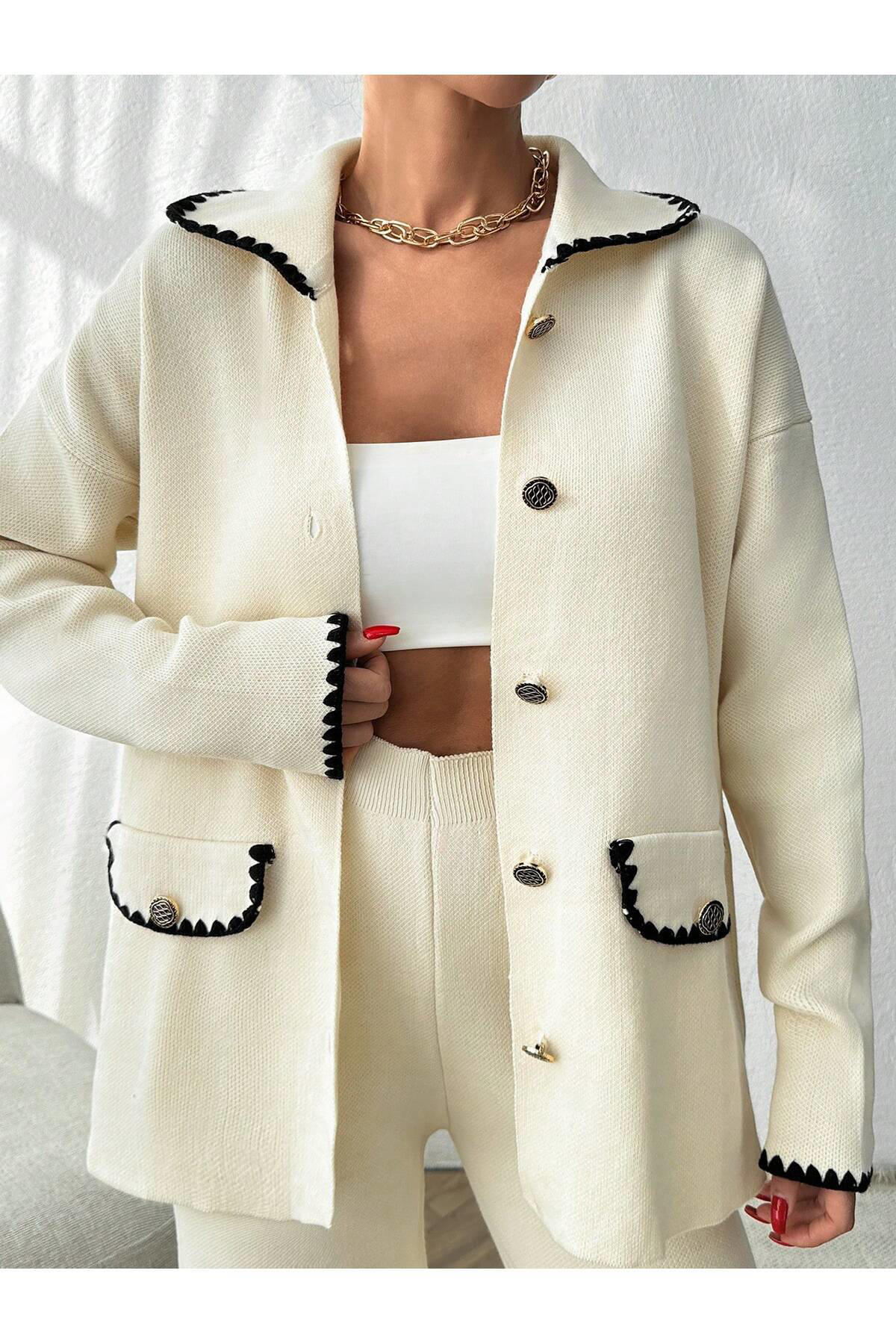 Diğer Markalar Kadın Düğmeli Çeket-Pantolonlu Çoban Dikişli Triko Takım Ekru