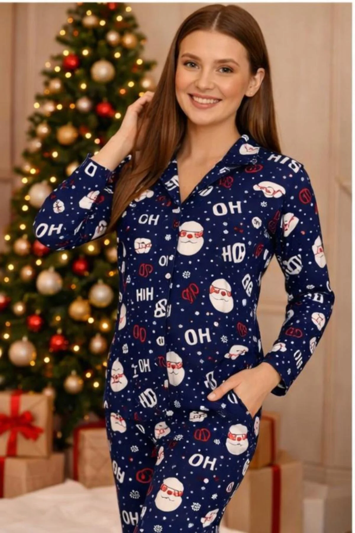Kadın Düğmeli Dik Yaka Pijama Takımı Renkli Desenli 4 Mevsim Eşof