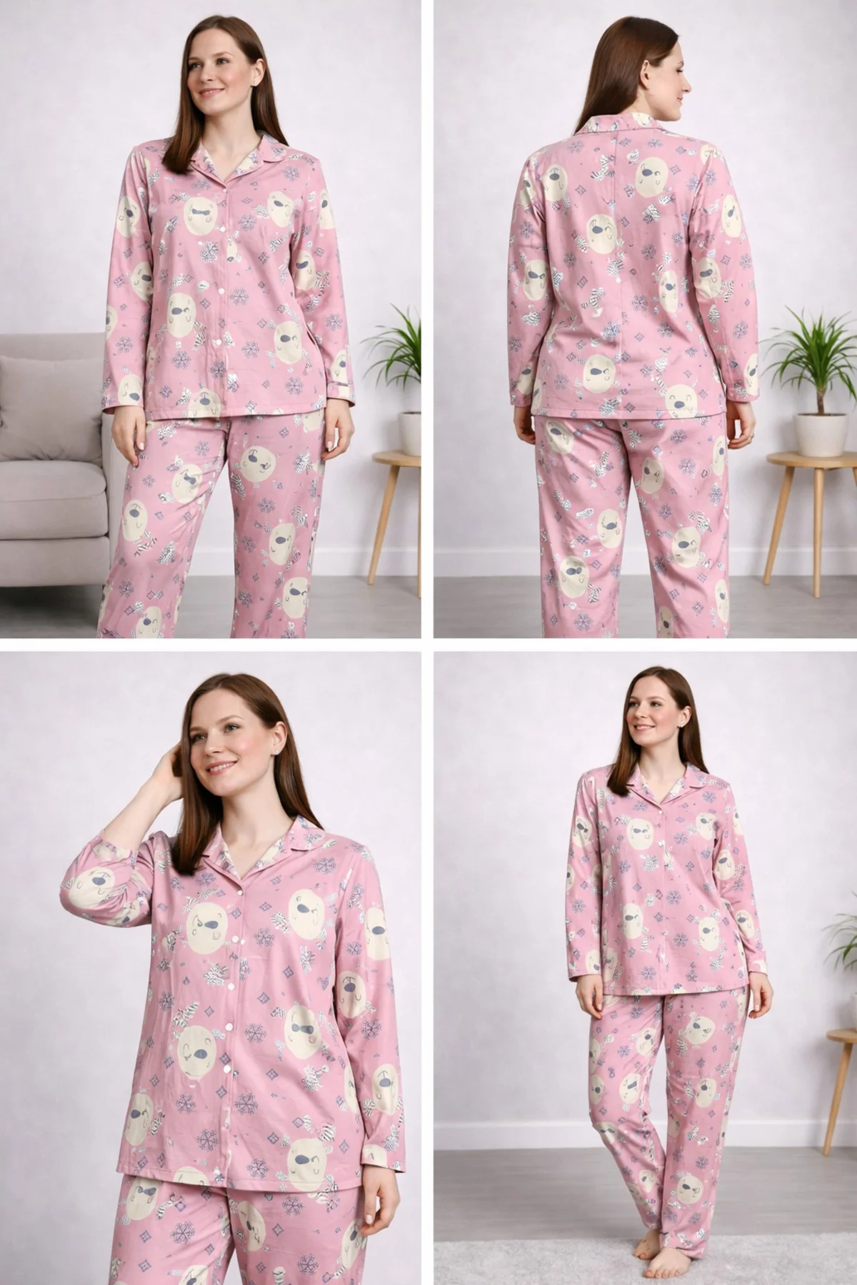 Kadın Düğmeli Dik Yaka Pijama Takımı Pembe Geyik Desenli 4 Mevsim