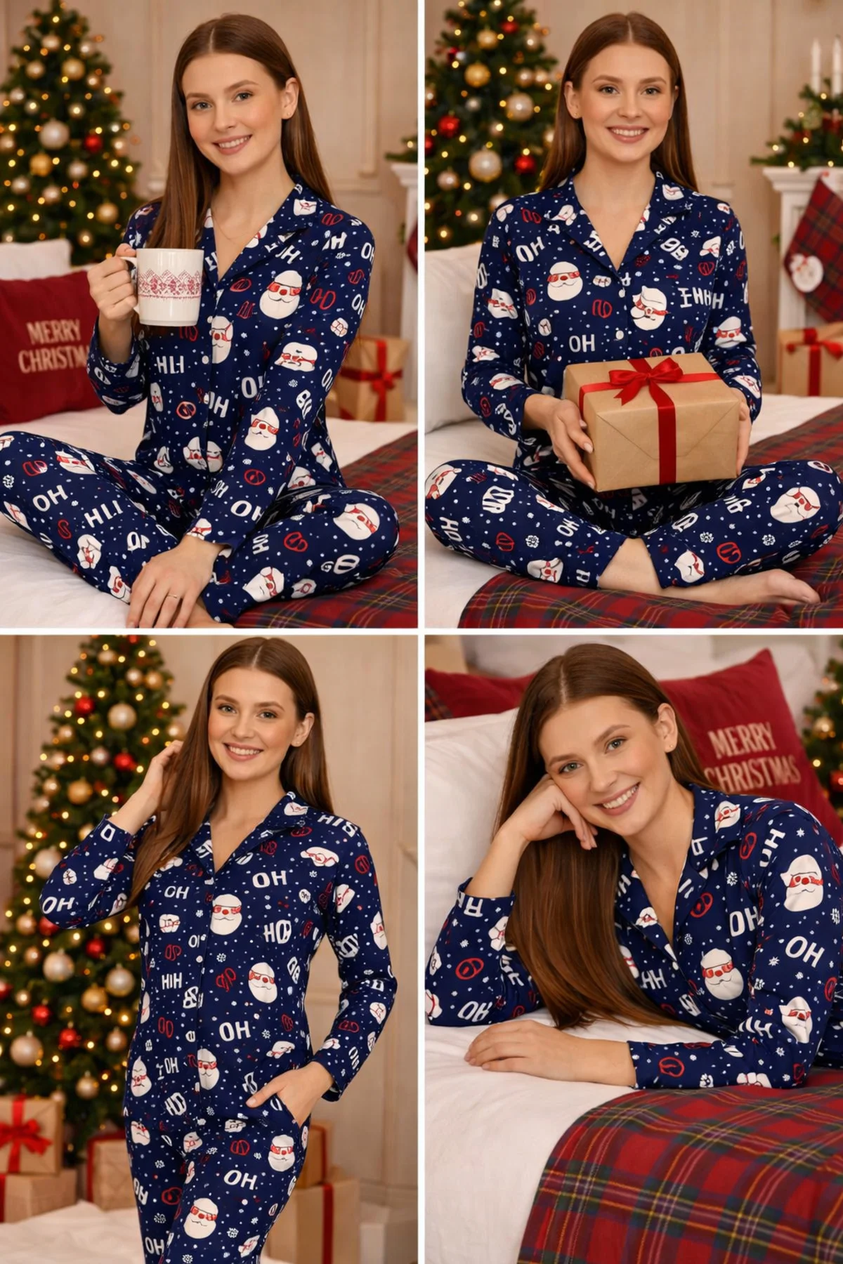 Kadın Düğmeli Dik Yaka Pijama Takımı Renkli Desenli 4 Mevsim Eşof
