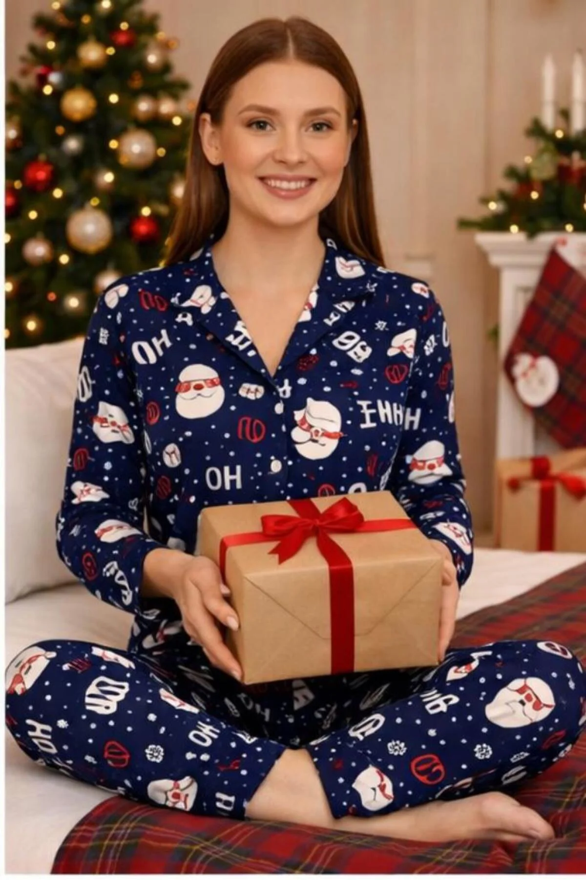 Kadın Düğmeli Dik Yaka Pijama Takımı Renkli Desenli 4 Mevsim Eşof