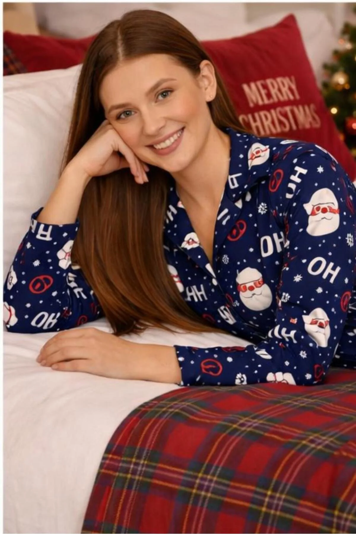 Kadın Düğmeli Dik Yaka Pijama Takımı Renkli Desenli 4 Mevsim Eşof