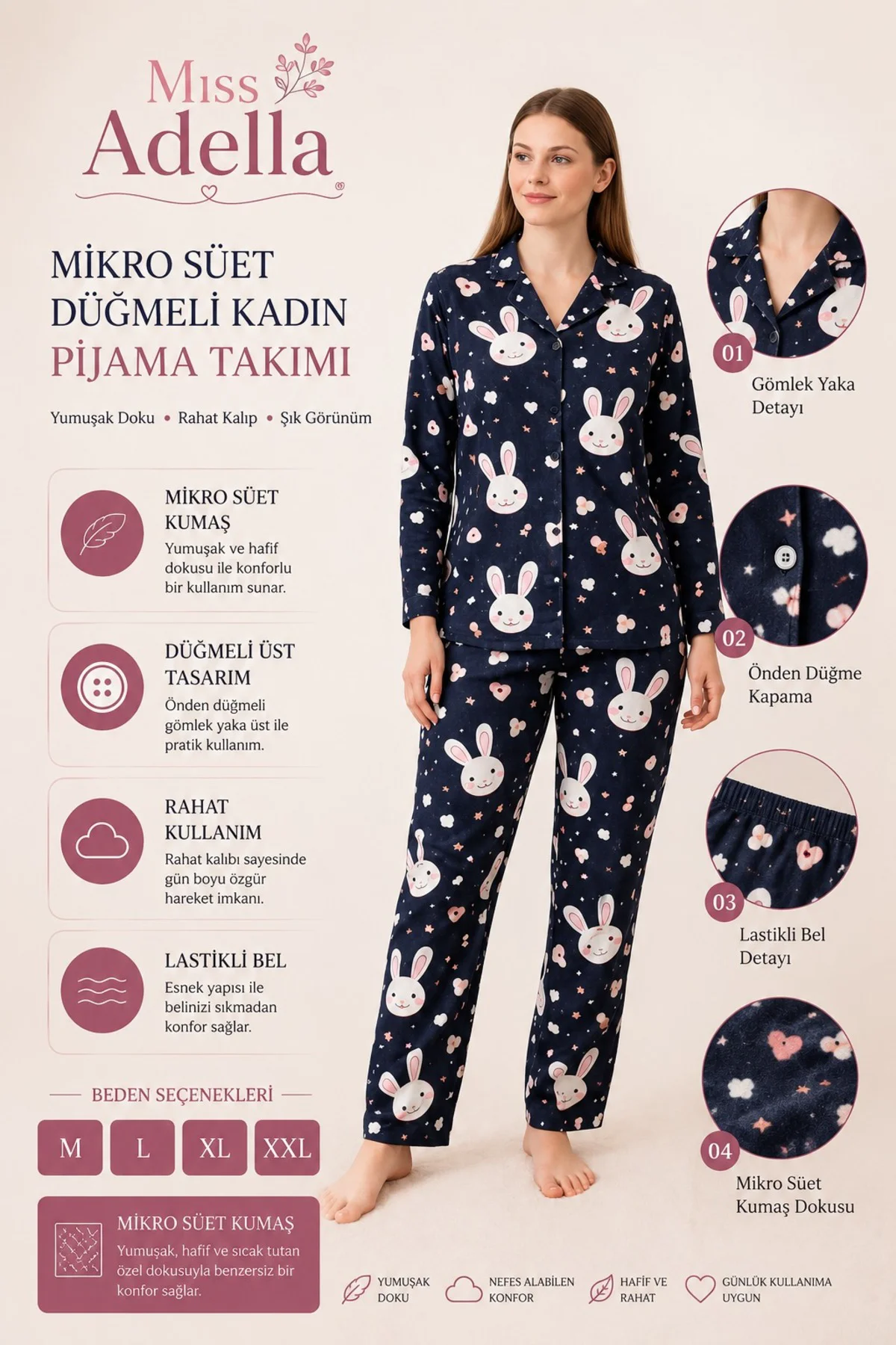 Kadın Düğmeli Dik Yaka Pijama Takımı Tavşan Desenli Siyah Renkli 4 Mevsim Eşofman Takımı