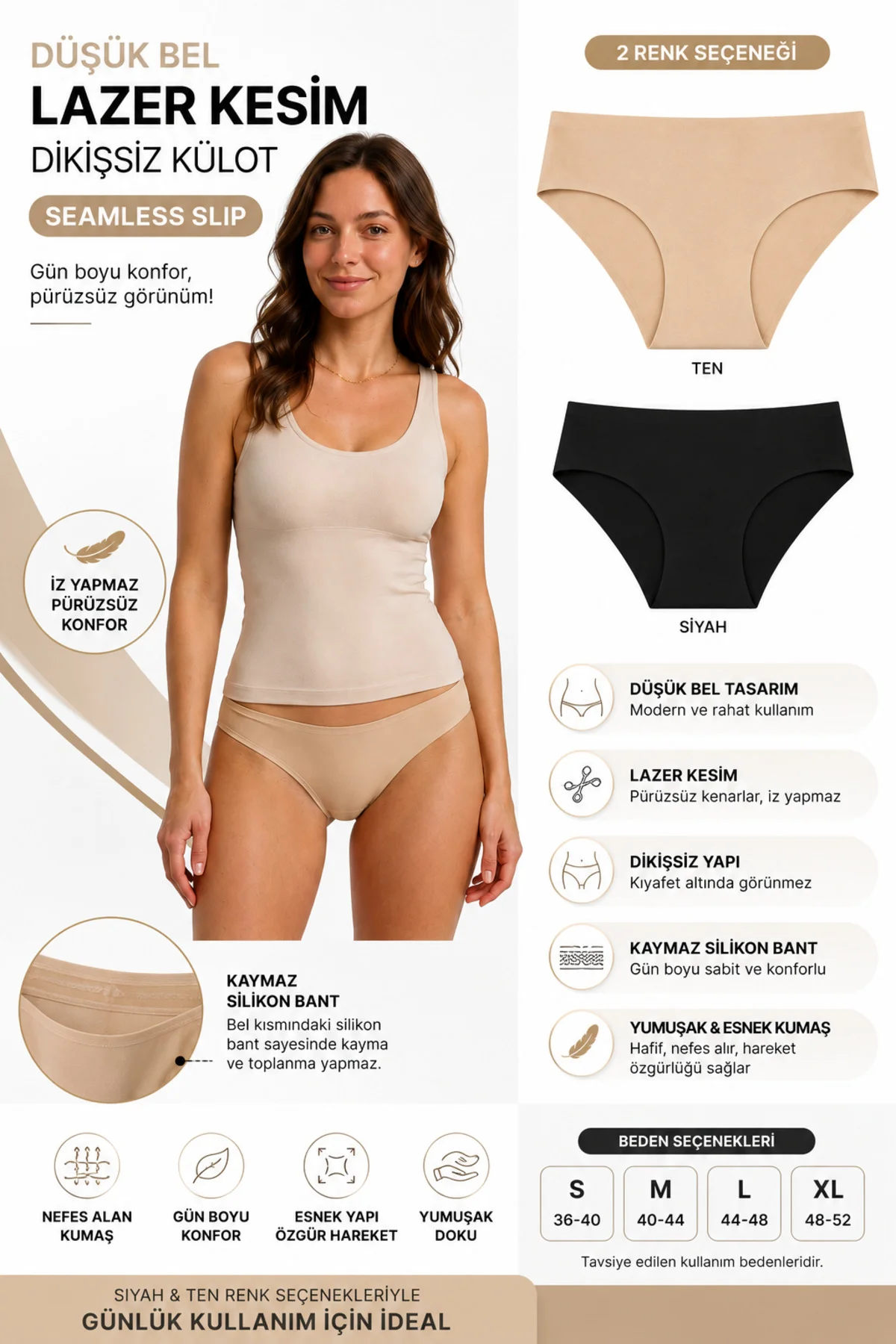 Kadın Düşük Bel Lazer Kesim Dikişsiz Külot | Kaymaz Bantlı | Siyah & Ten | Seamless Slip