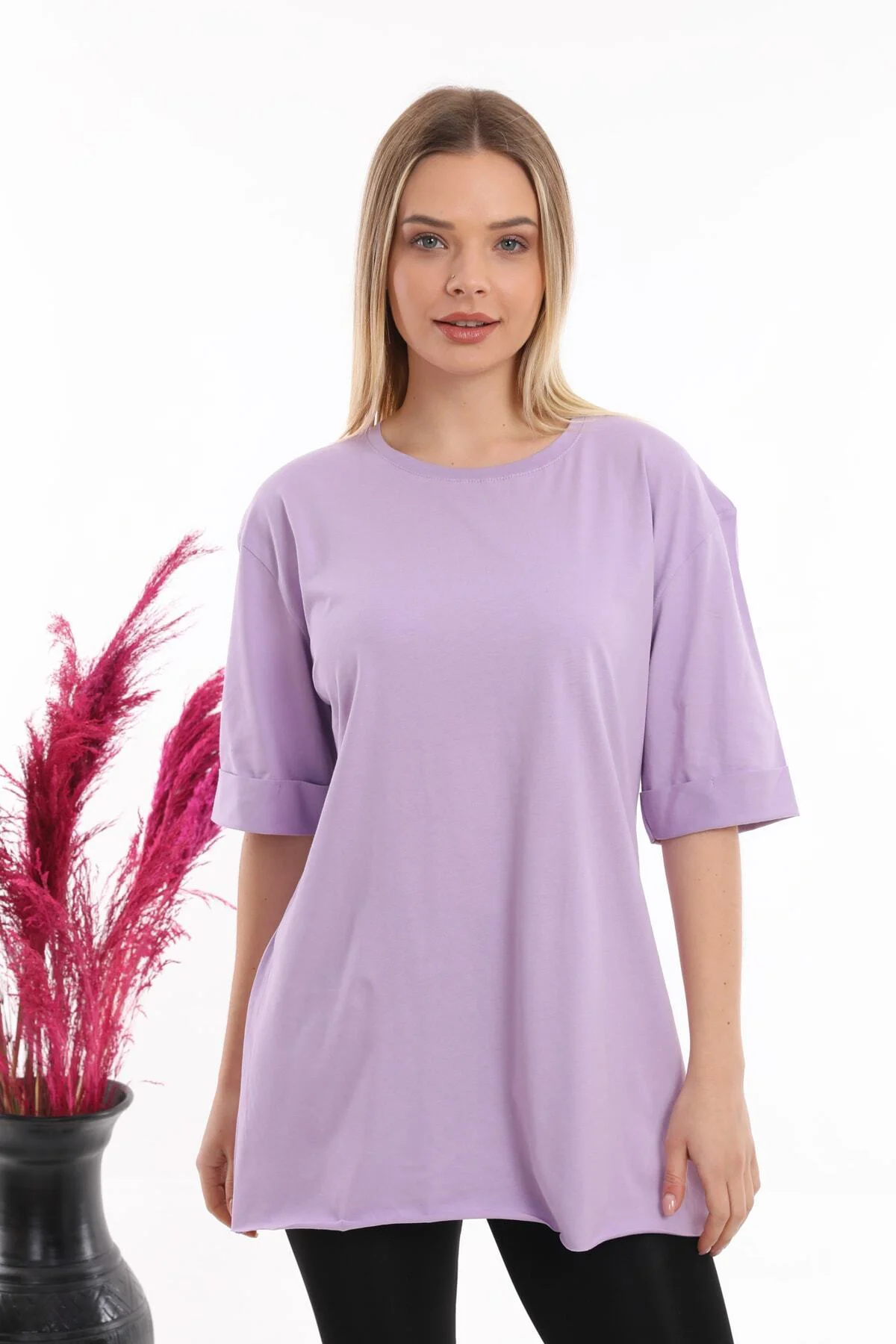 Kadın Düz Uzun Ve Yırtmaçlı Duble Kol Önü Baskısız T-shirt Ve Tun