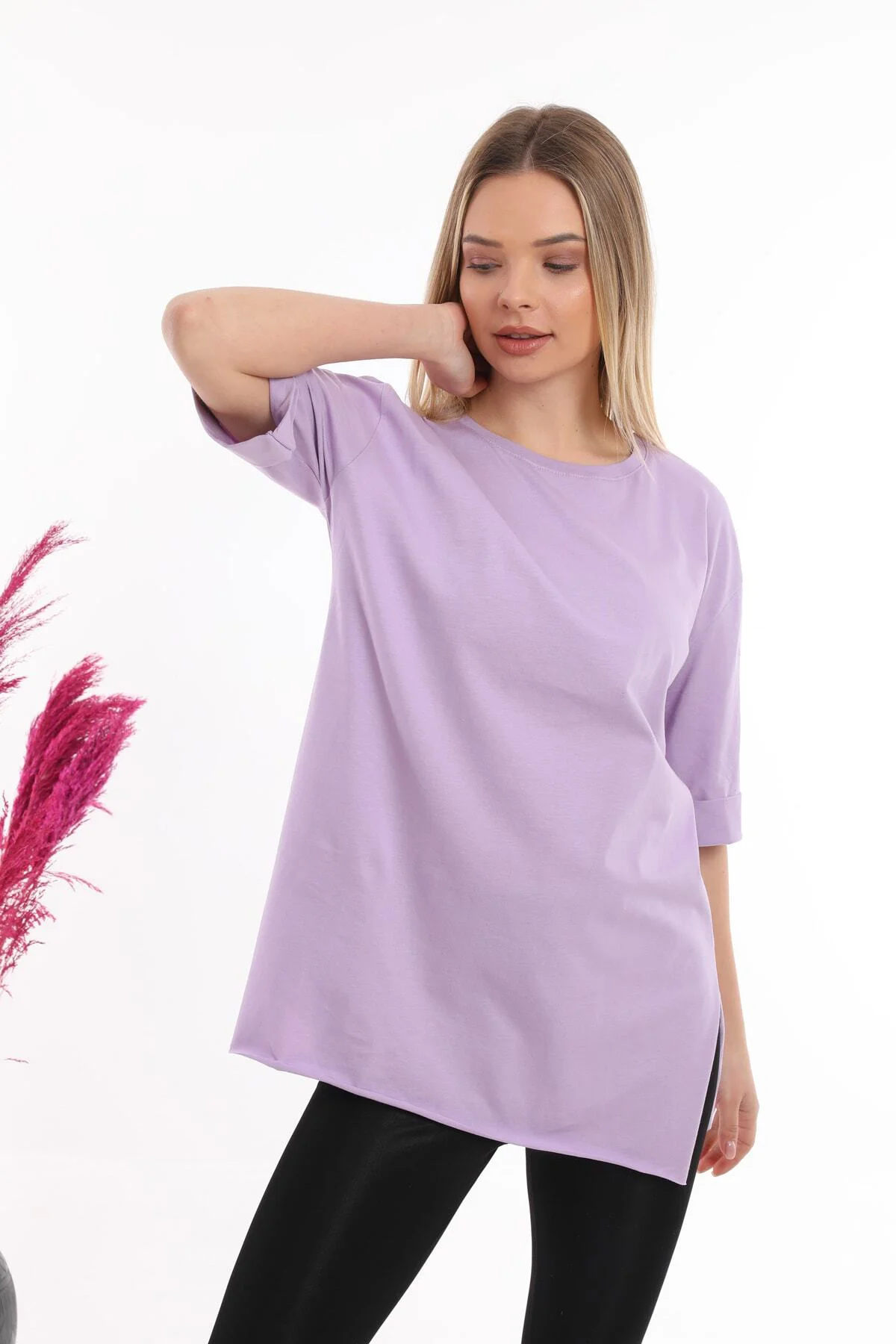Kadın Düz Uzun Ve Yırtmaçlı Duble Kol Önü Baskısız T-shirt Ve Tun
