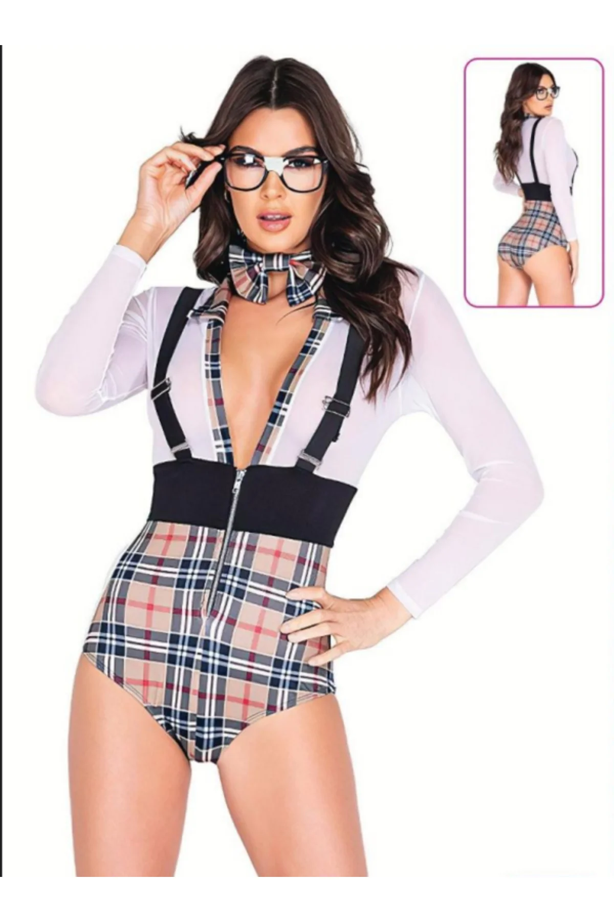 Kadın Ekose Desenli Tül Kollu Fantazi Body ve Boyun Aksesuarlı Kostüm Kadın Ekose Desenli Tül Kollu Fantazi Body ve Boyun Aksesuarlı Kostüm