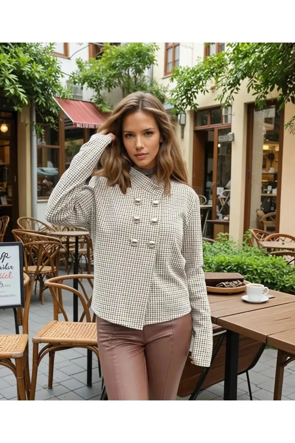 Kadın Ekose Dik Yaka İnce Baharlık Şık Tarz Jakar Örme Ceket (Ast