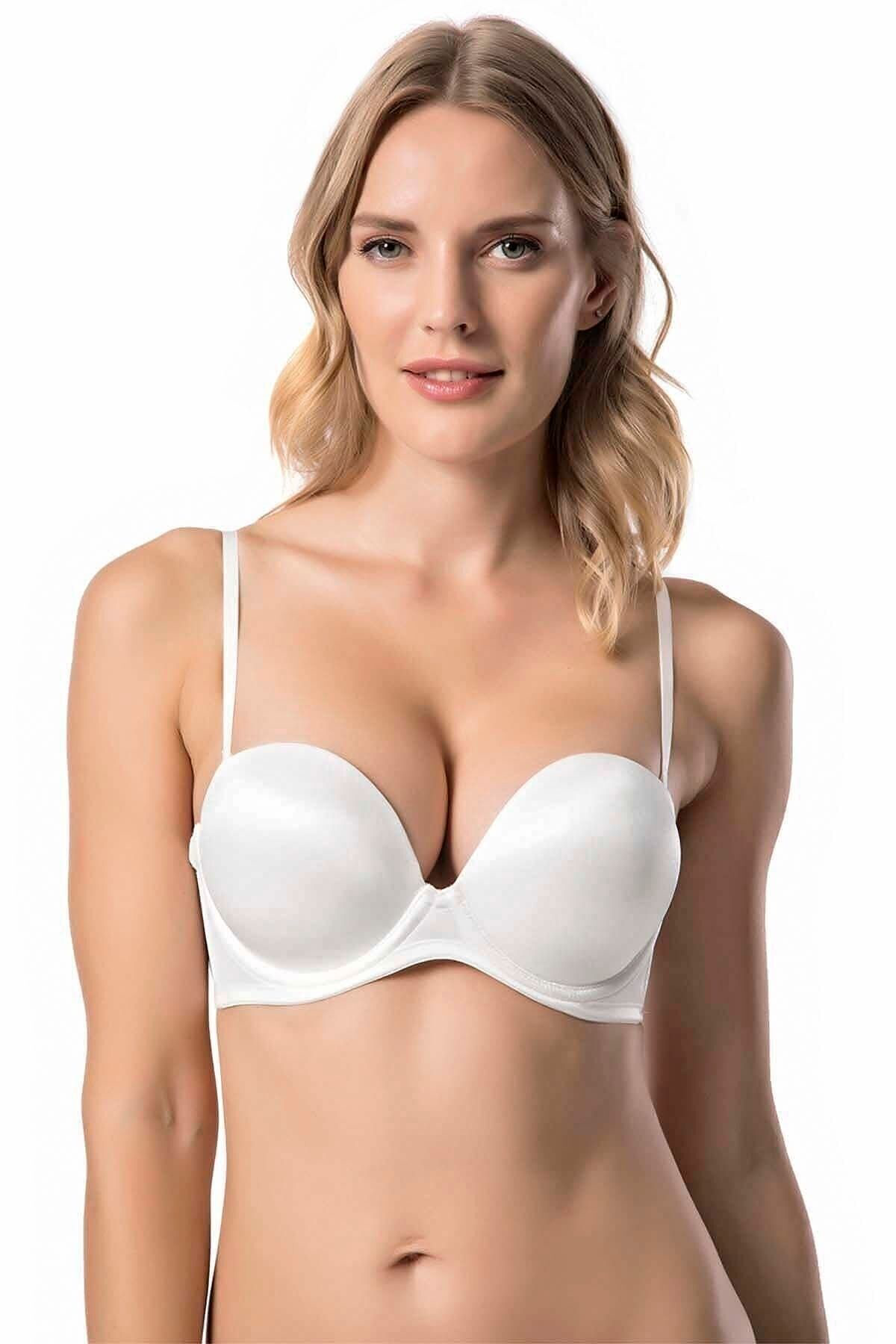 Kadın Ekru 2 Beden Büyük Gösteren Destekli Balenli Straplez Sütye