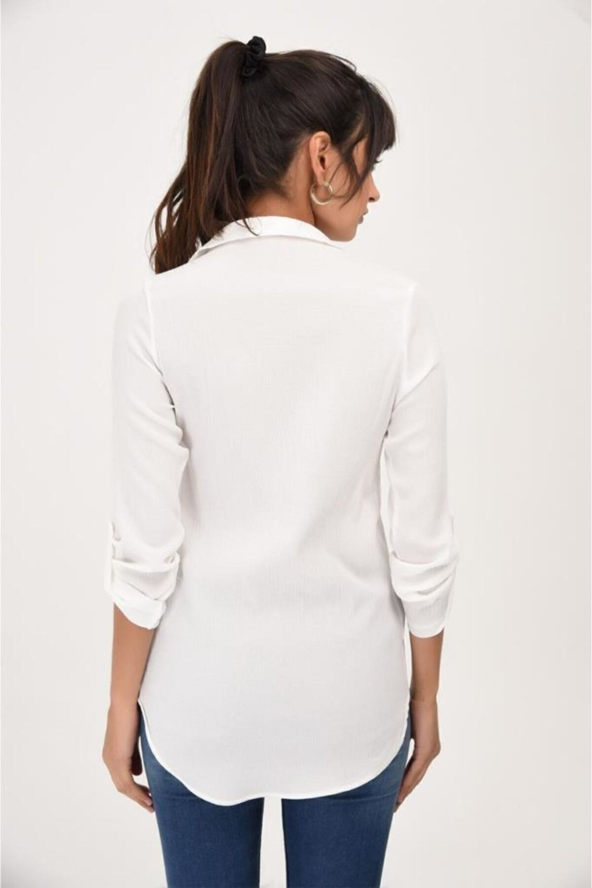 Pasaklı Giyim Kadın Ekru Beyaz Viskon Uzun Kollu Basic Gömlek 4094160