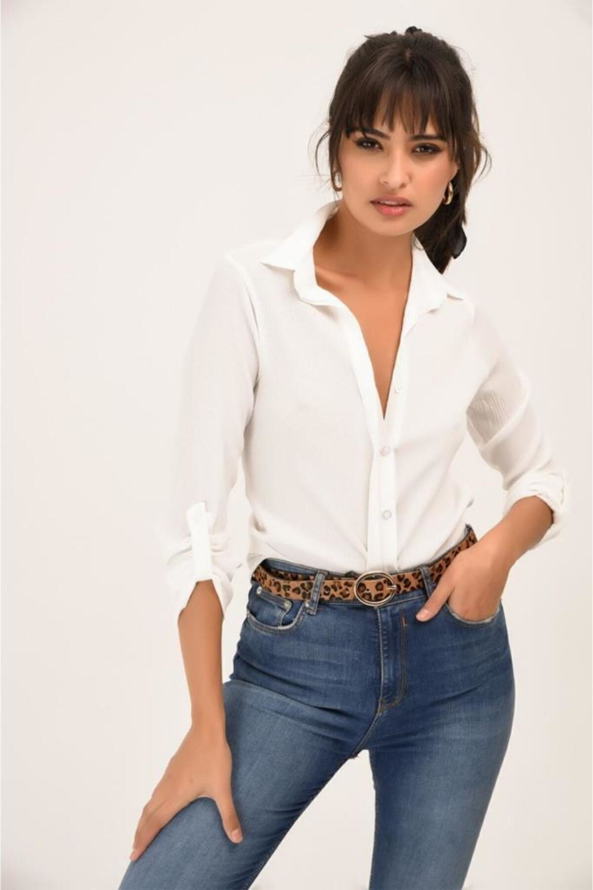 Pasaklı Giyim Kadın Ekru Beyaz Viskon Uzun Kollu Basic Gömlek 4094160