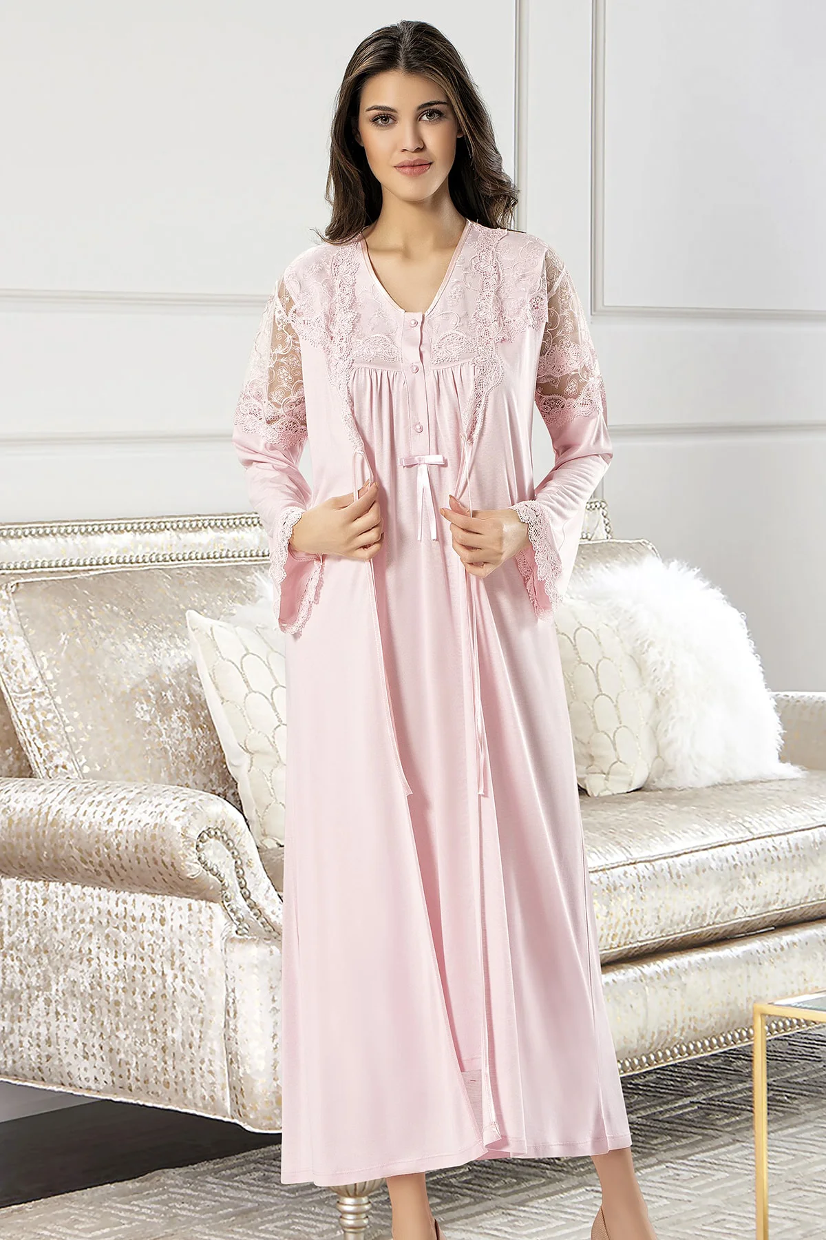 Kadın Ekru Dantelli Gecelik Sabahlık Takım 2360