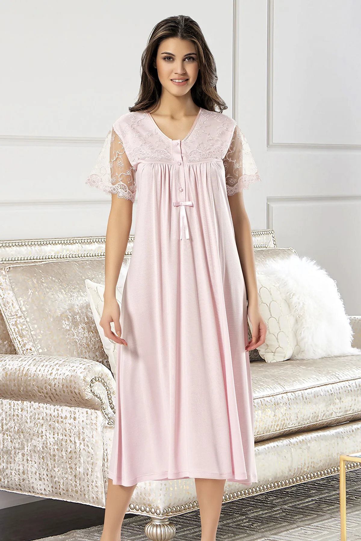 Kadın Ekru Dantelli Gecelik Sabahlık Takım 2360