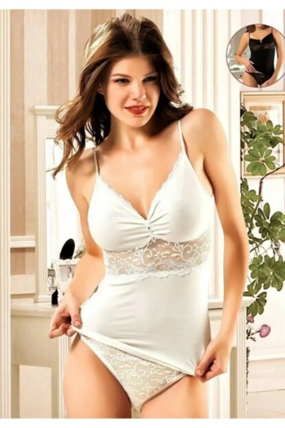 Kadın Ekru Dantelli Ip Askılı Pamuk Elastan Çeyizlik Atlet Külot