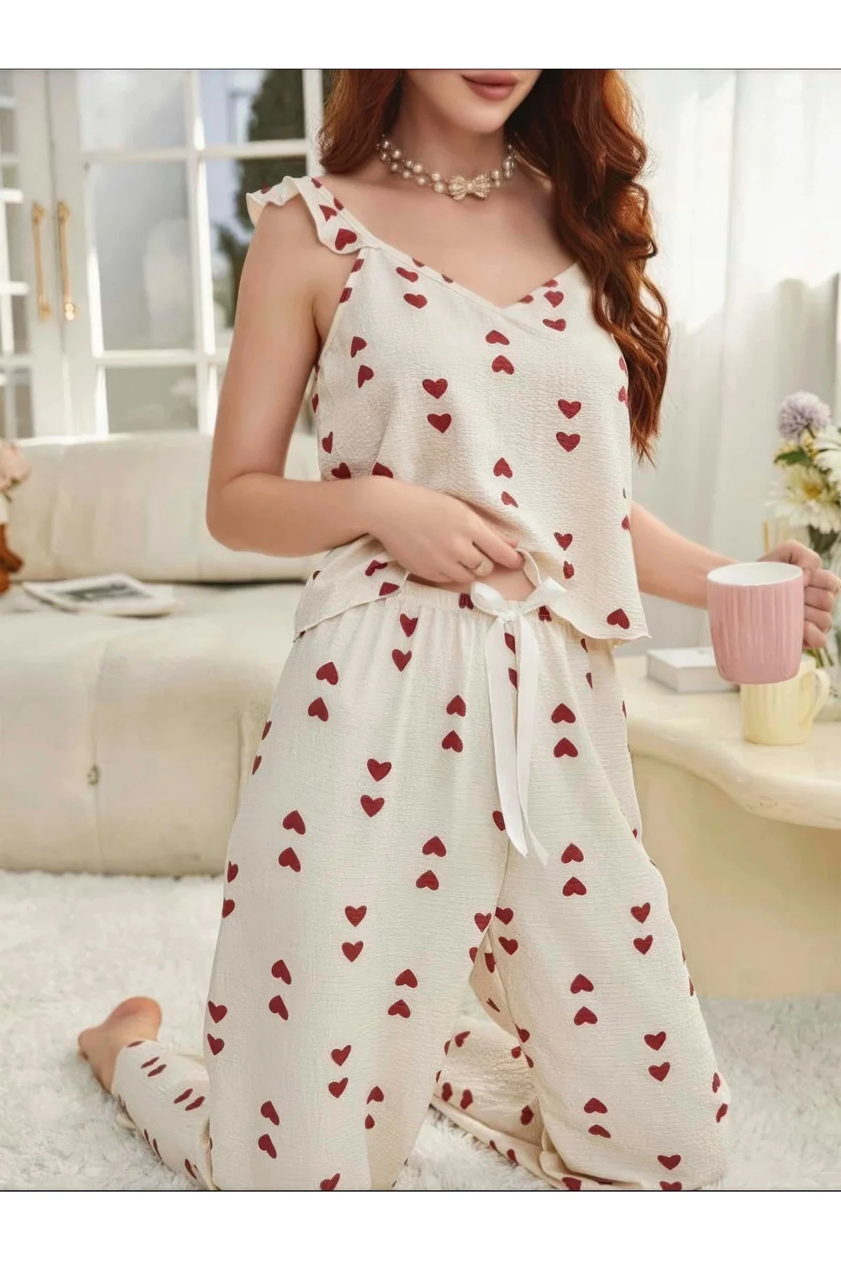 Kadın Ekru Kırmızı Kalp Desenli Yumuşak Pamuklu Uzun Pijama Takım