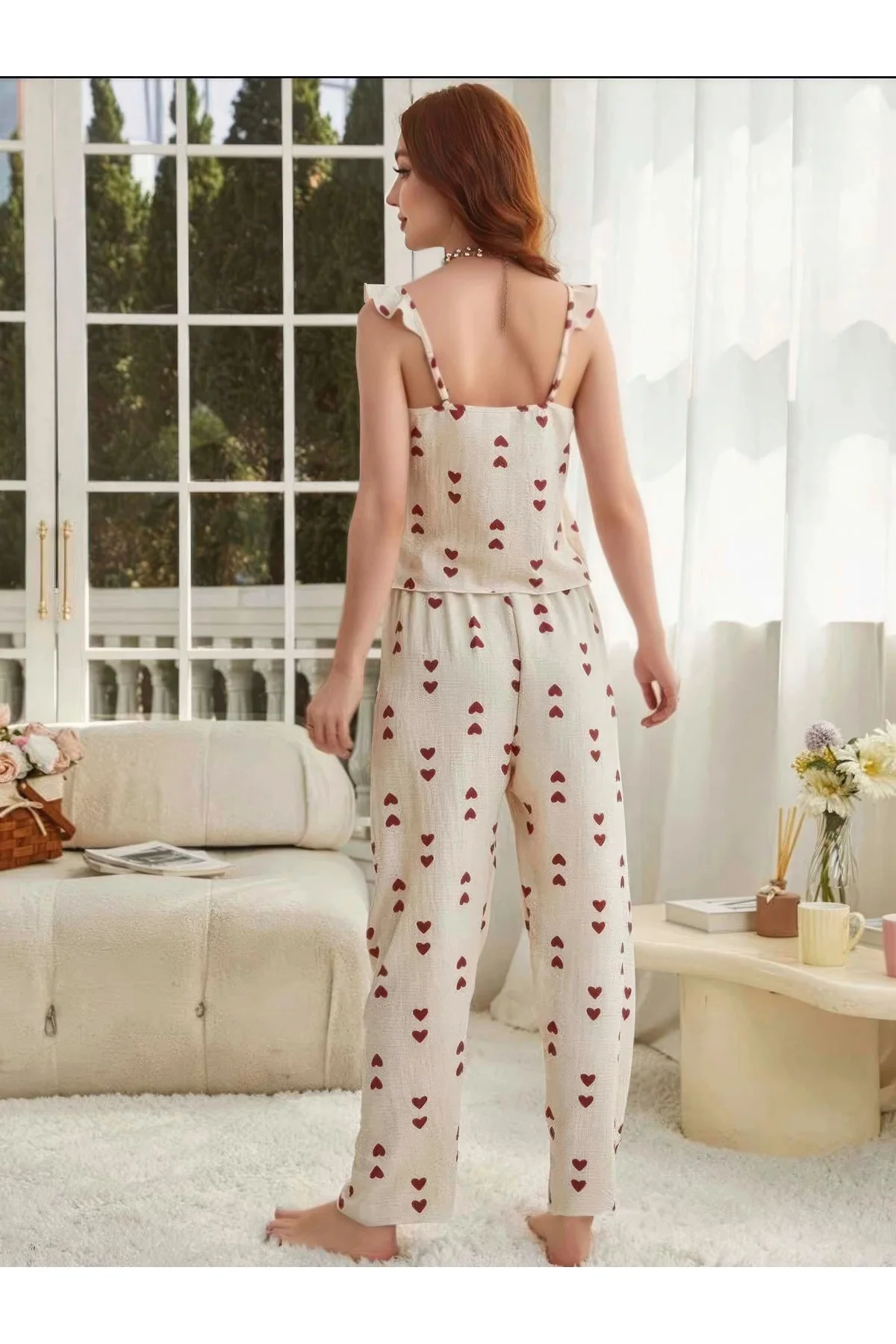 Kadın Ekru Kırmızı Kalp Desenli Yumuşak Pamuklu Uzun Pijama Takım