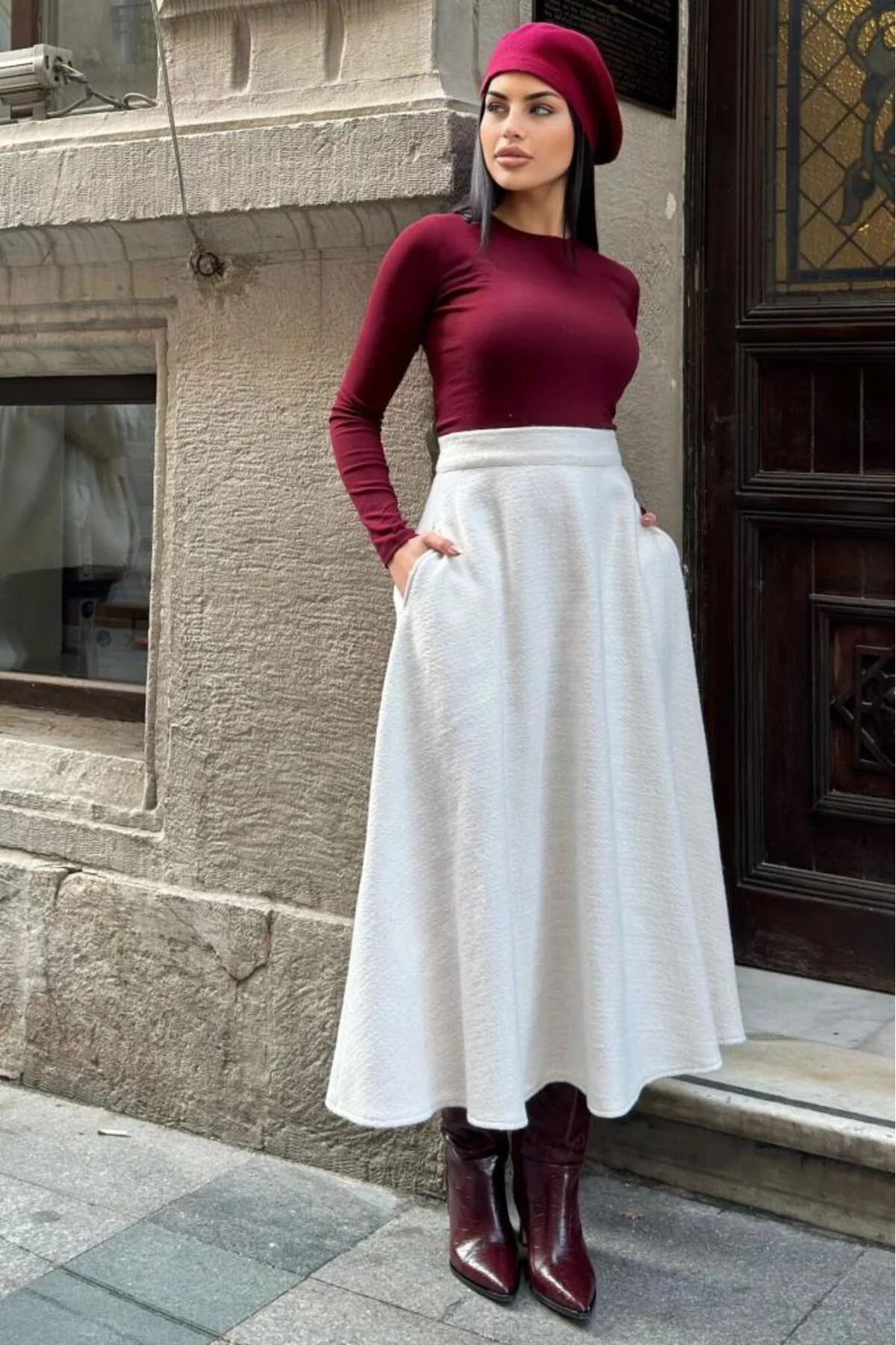 Kadın Ekru Kışlık Kırçıllı Kaşe Etek, Cepli, Yüksek Bel, Uzun, Ki